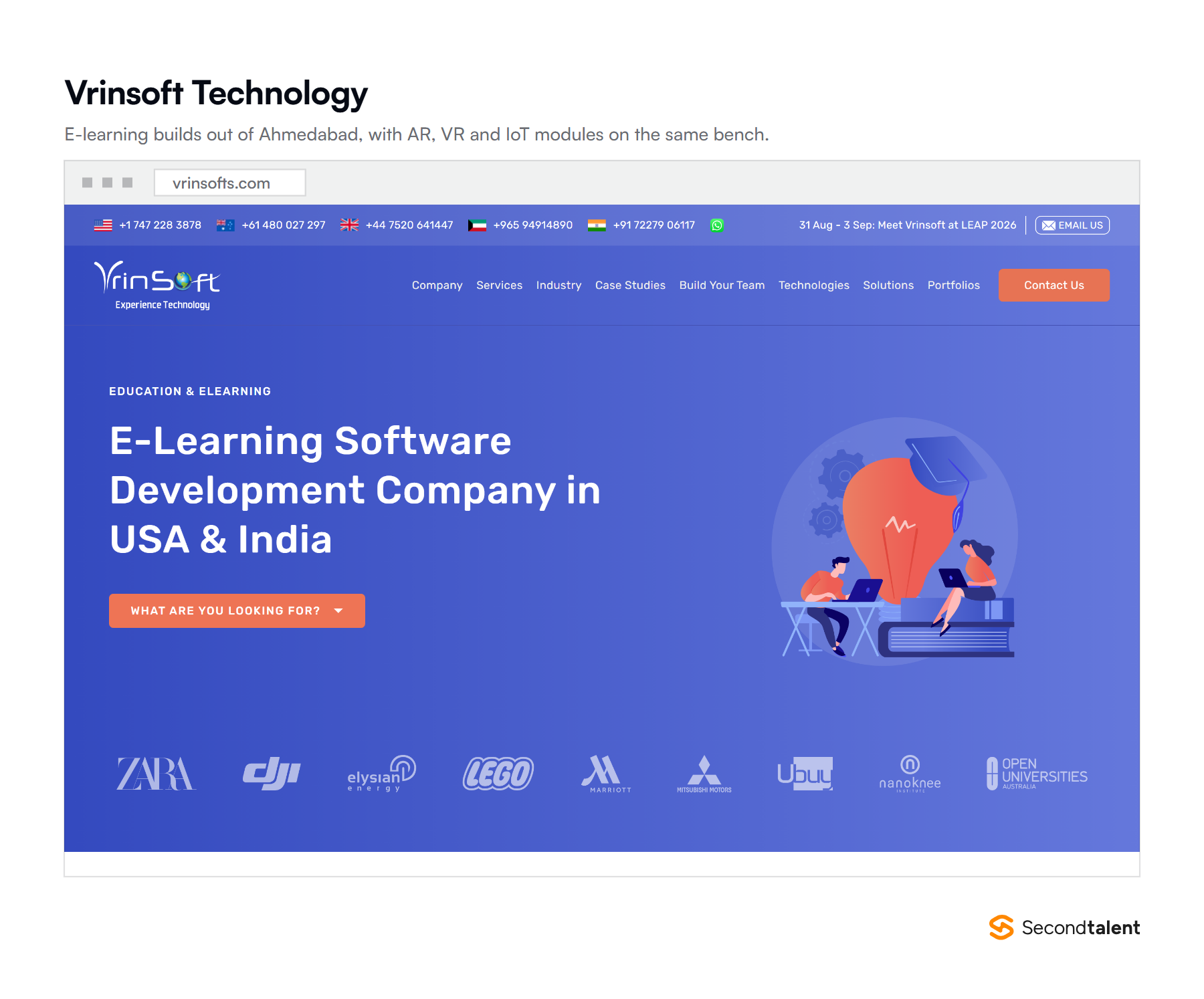 Vrinsoft Technology's e-learning software development page, an Ahmedabad studio serving clients including Open Universities Australia.