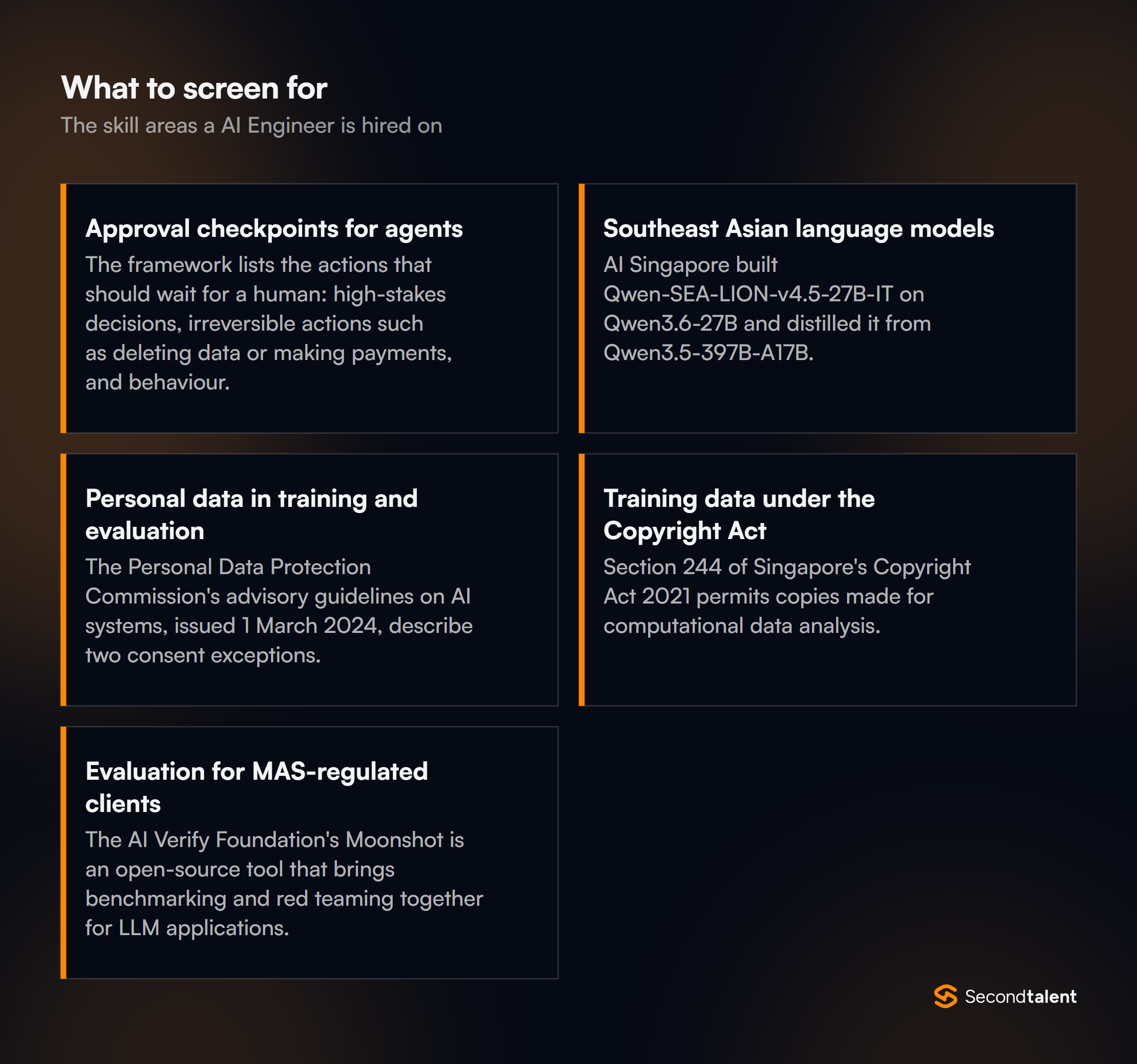 The core skill areas to screen for when hiring AI Engineers in Singapore