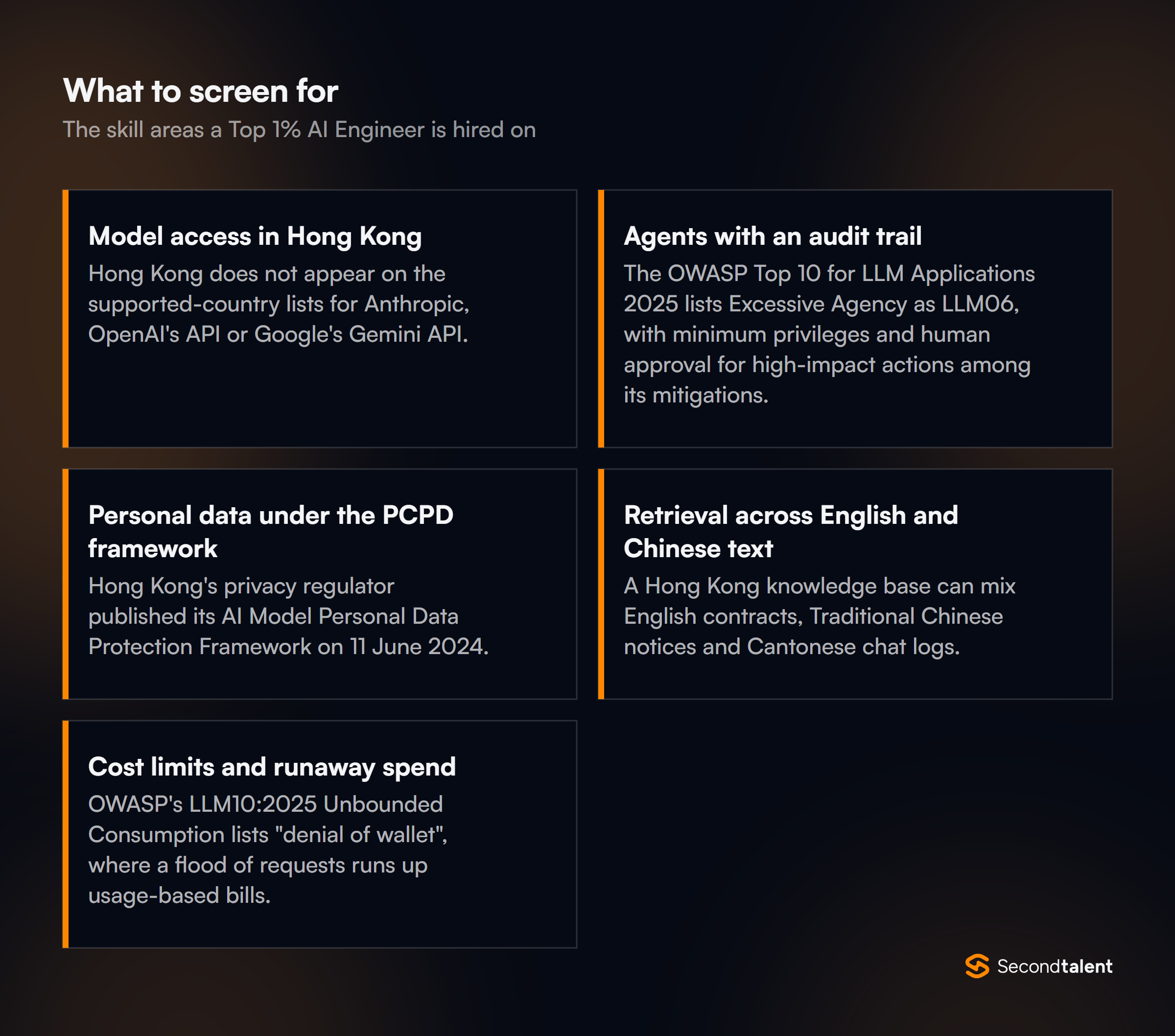 The core skill areas to screen for when hiring Top 1% AI Engineers in Hong Kong