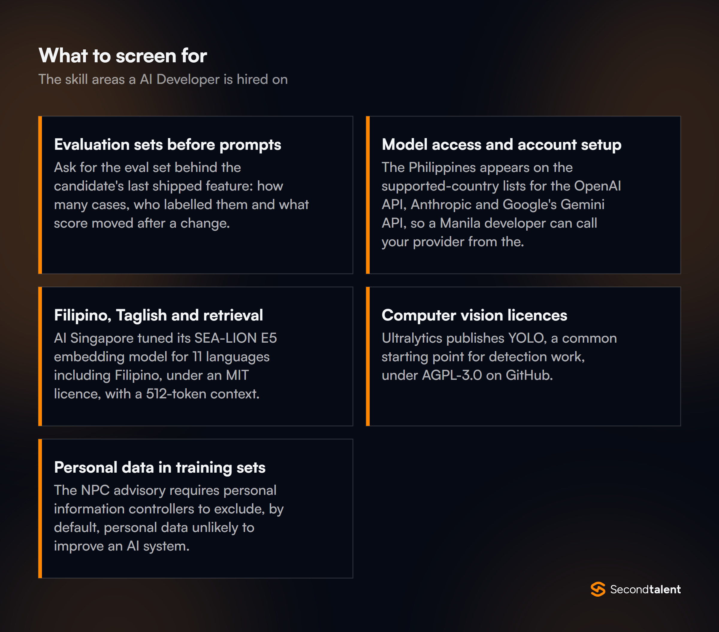 The core skill areas to screen for when hiring AI Developers in the Philippines