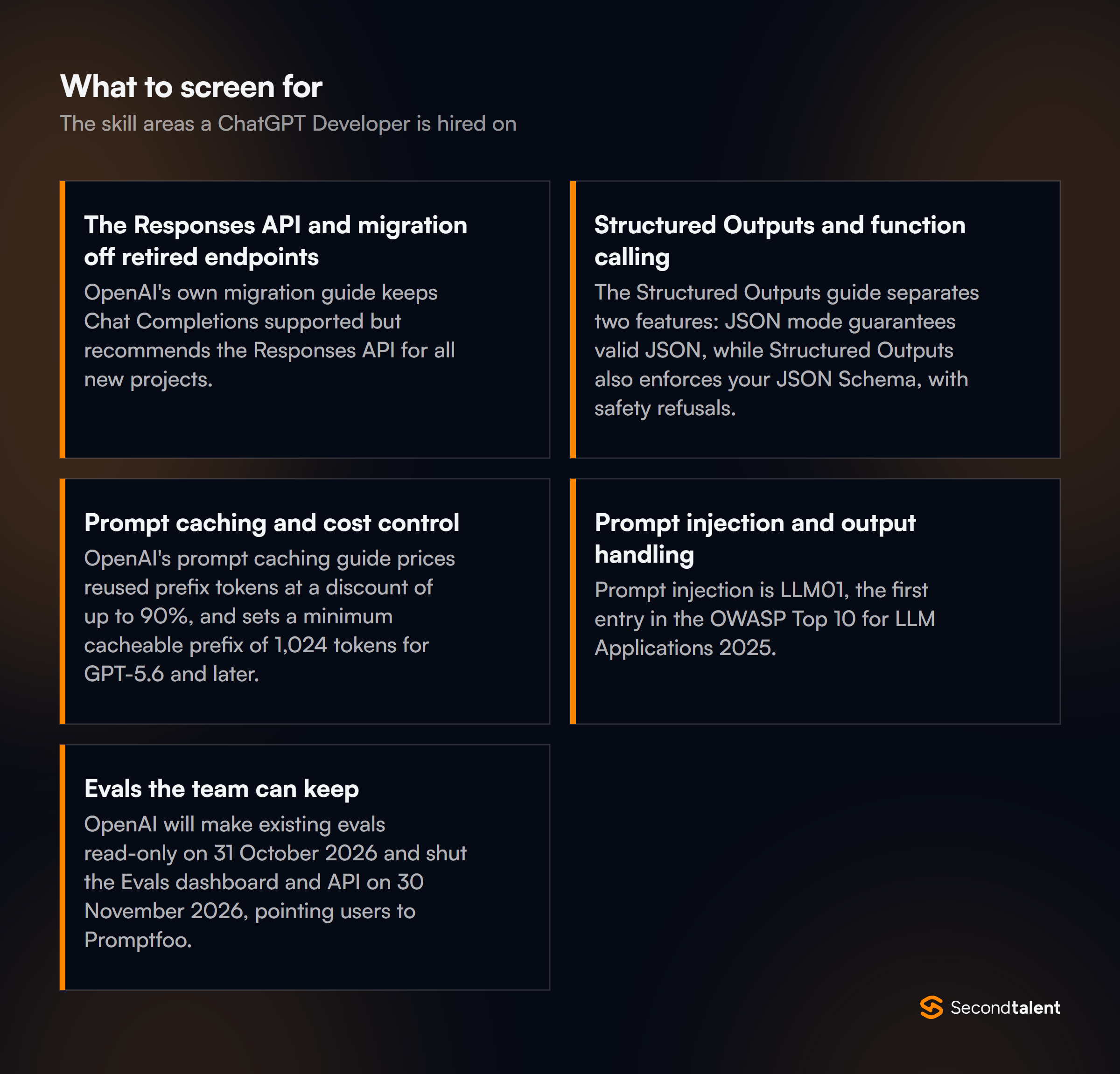 The core skill areas to screen for when hiring ChatGPT Developers