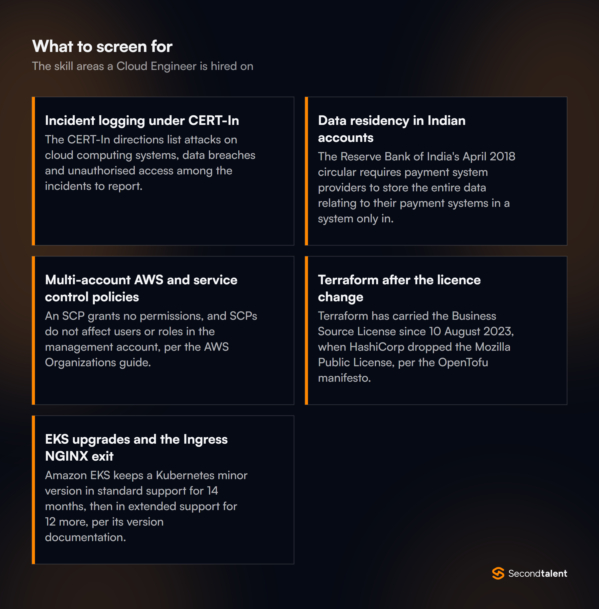 The core skill areas to screen for when hiring Cloud Engineers in India