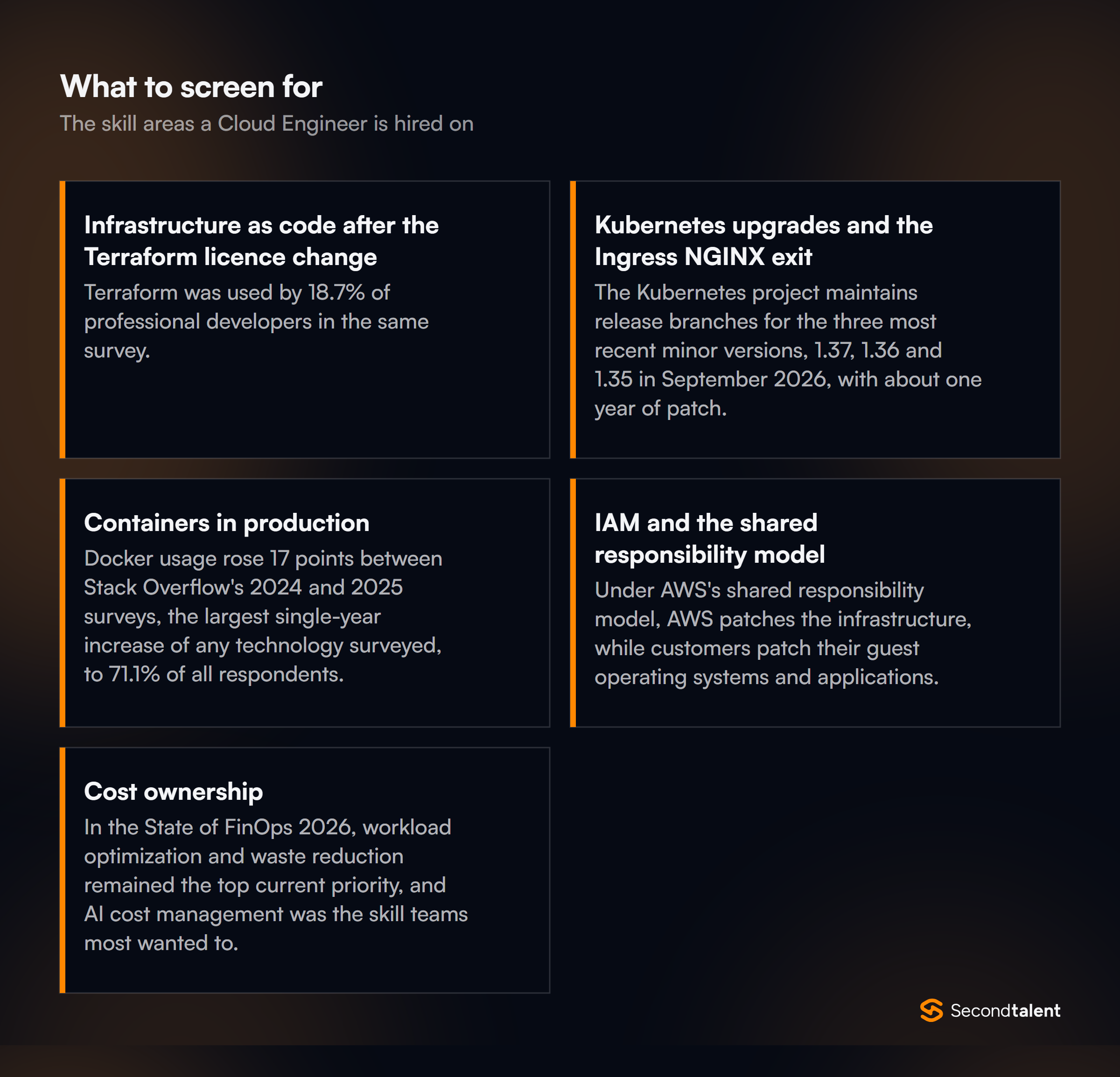 The core skill areas to screen for when hiring Cloud Engineers