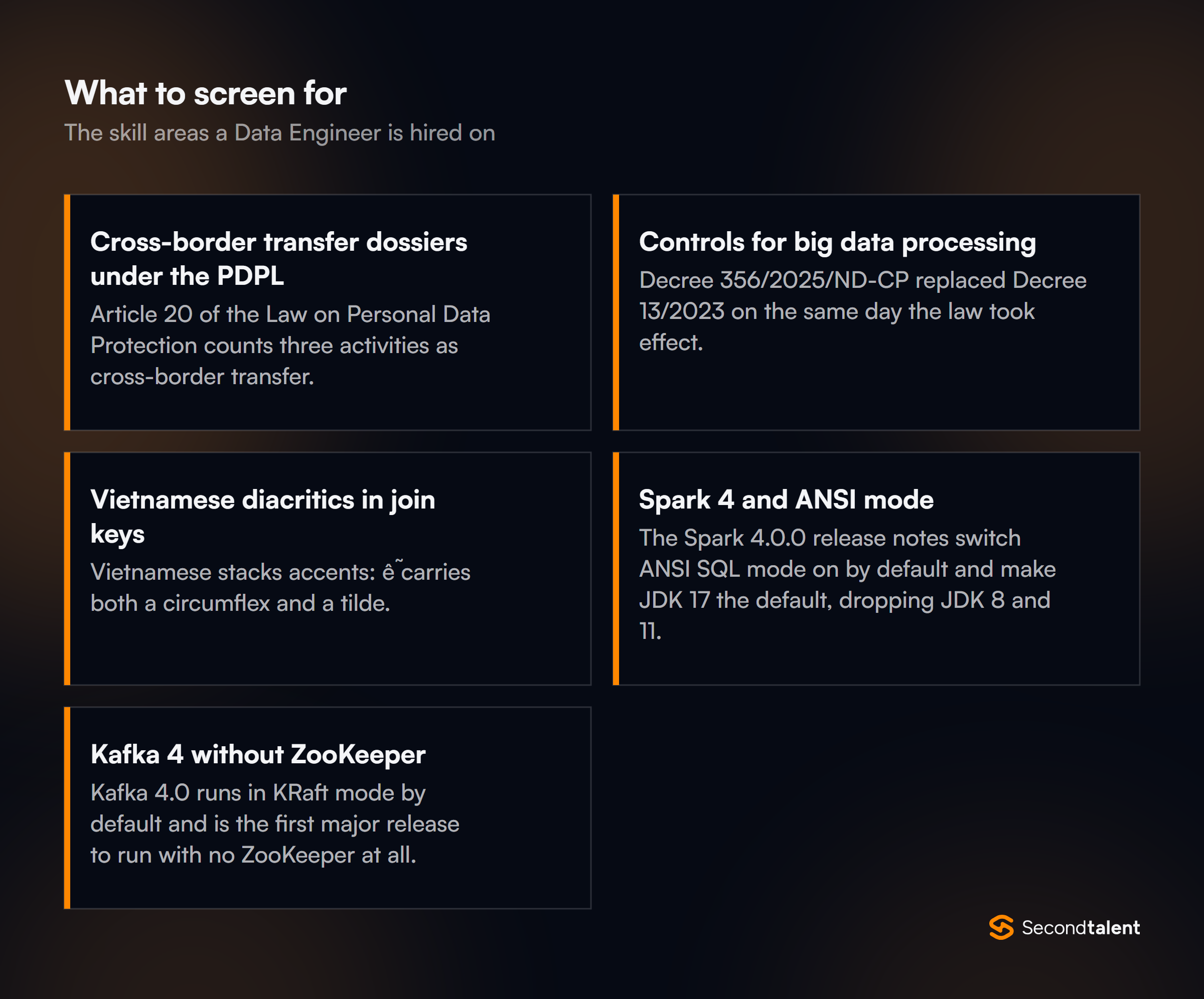 The core skill areas to screen for when hiring Data Engineers in Vietnam