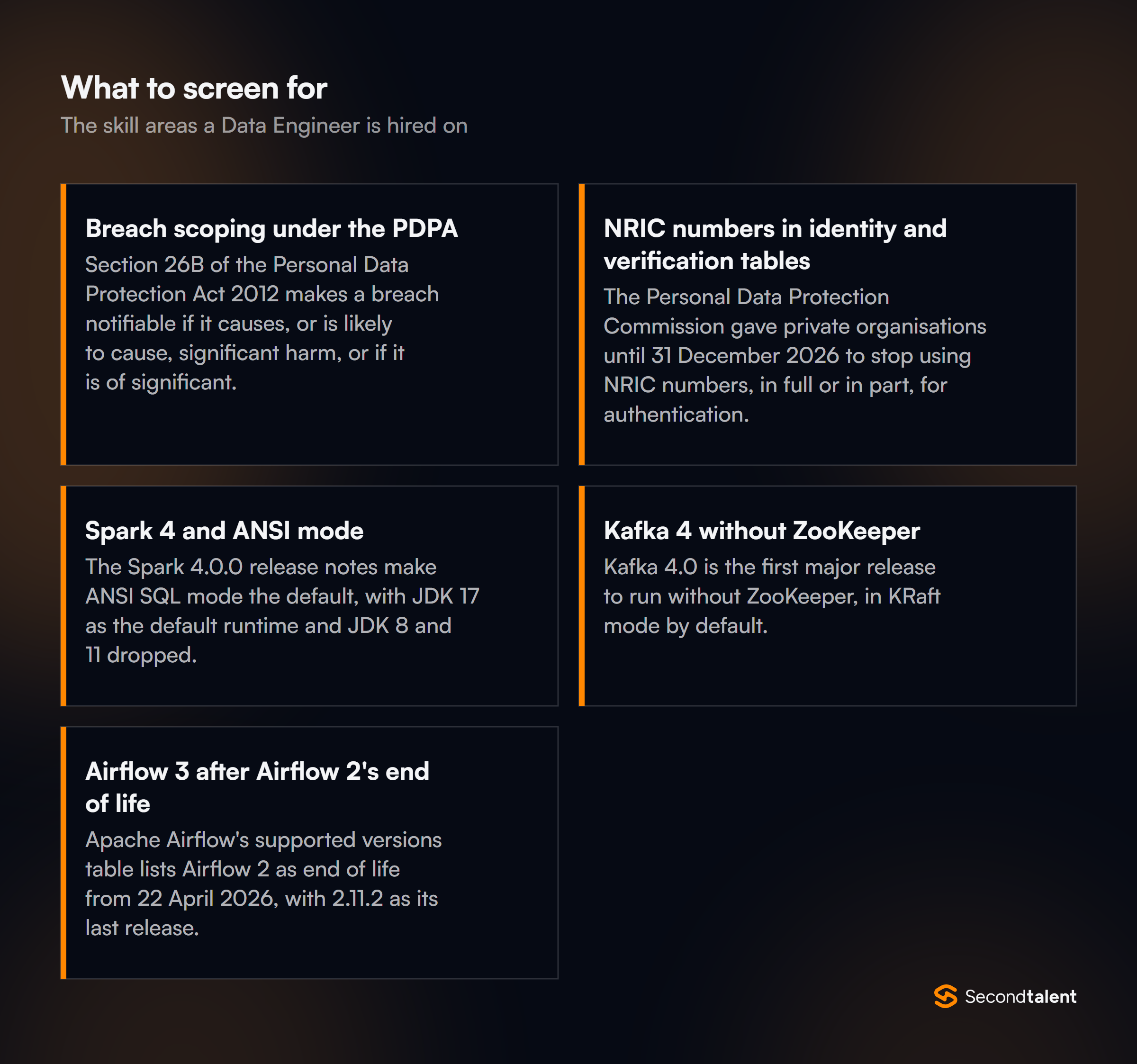 The core skill areas to screen for when hiring Data Engineers in Singapore