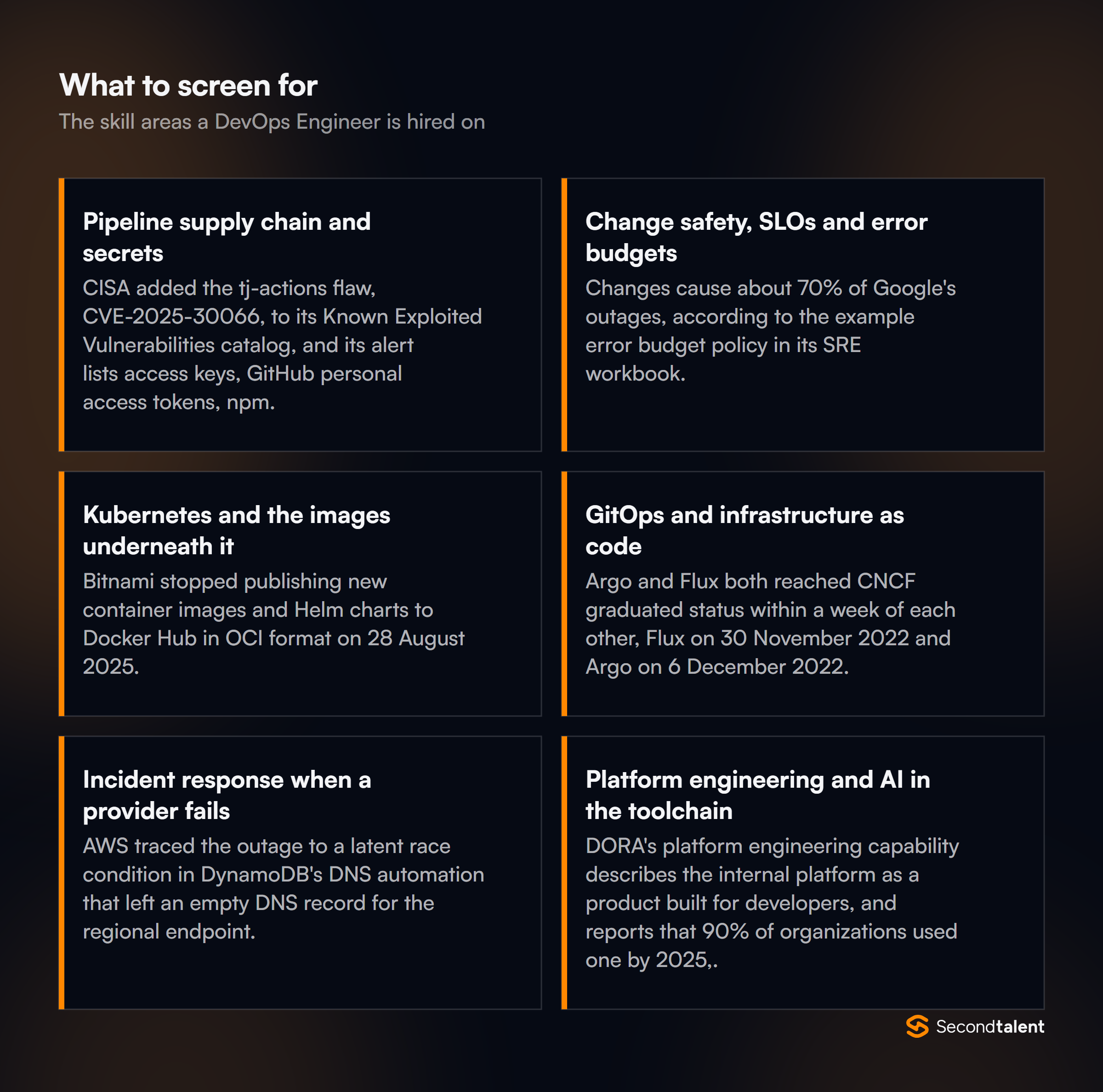 The core skill areas to screen for when hiring DevOps Engineers