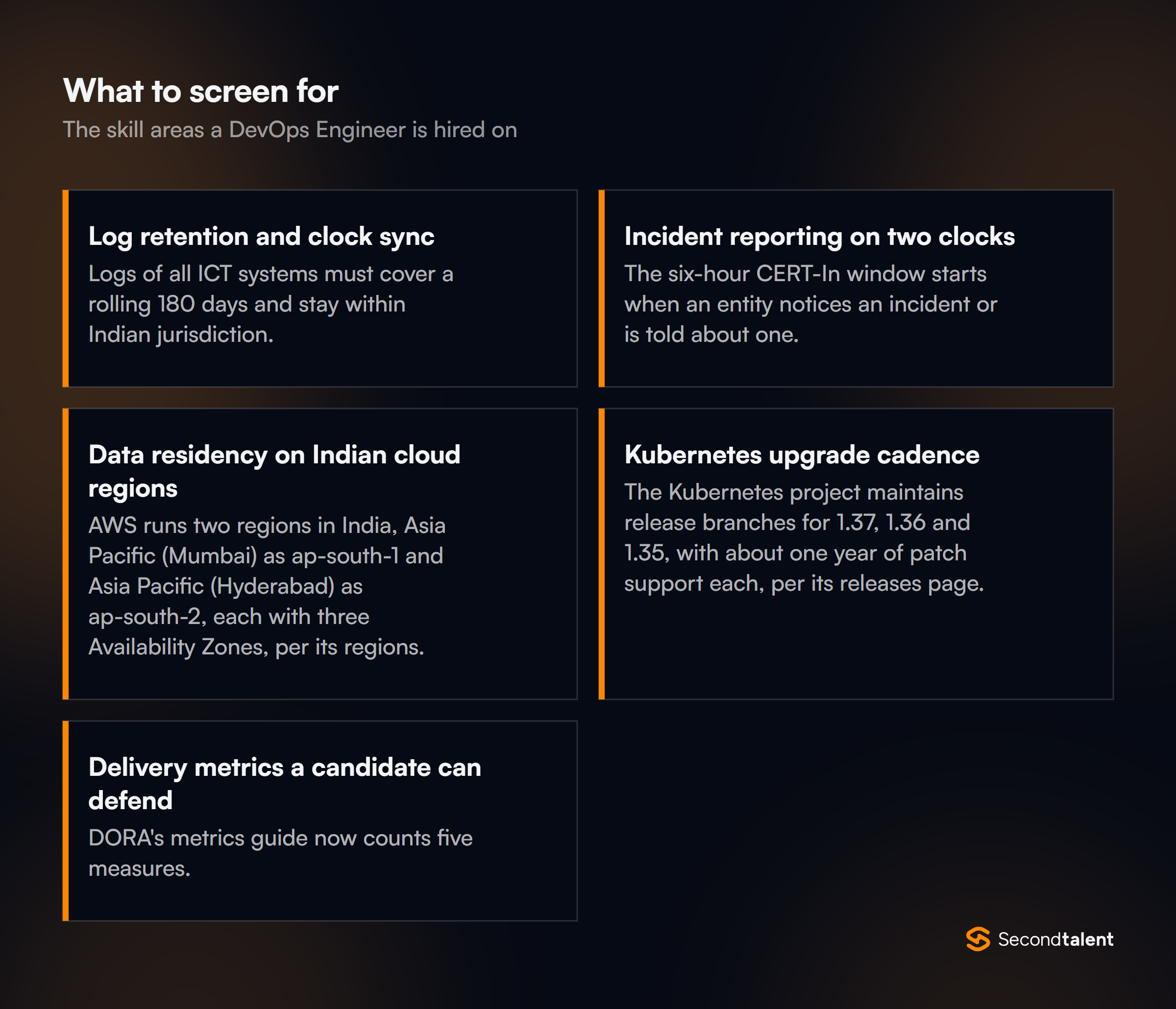 The core skill areas to screen for when hiring DevOps Engineers in India