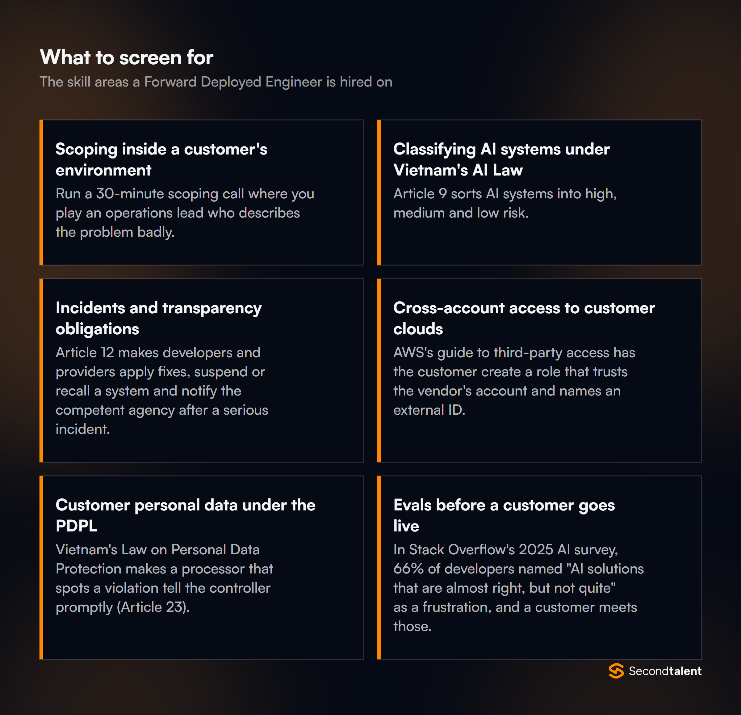 The core skill areas to screen for when hiring Forward Deployed Engineers in Vietnam