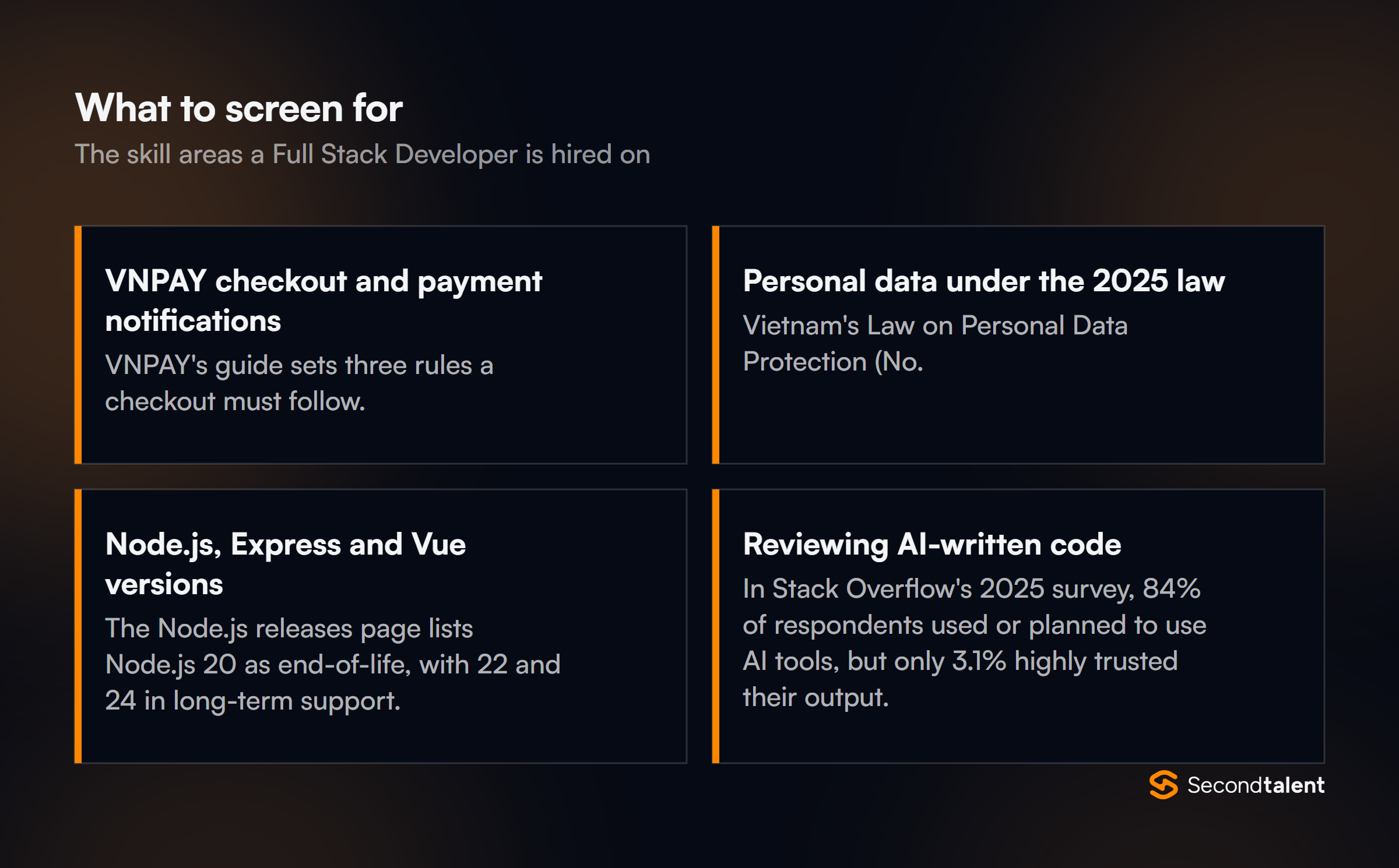 The core skill areas to screen for when hiring Full Stack Developers in Vietnam