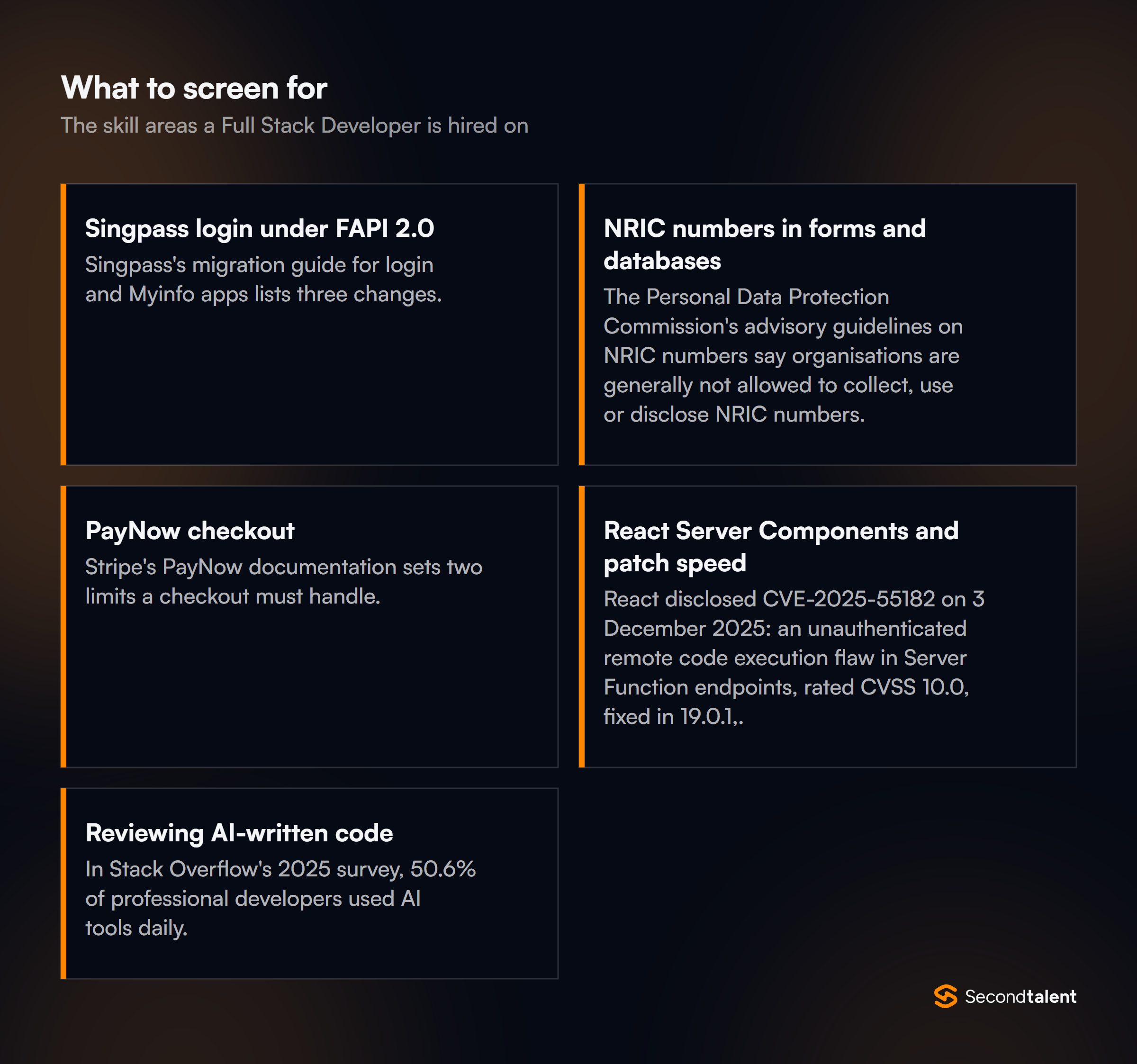 The core skill areas to screen for when hiring Full Stack Developers in Singapore