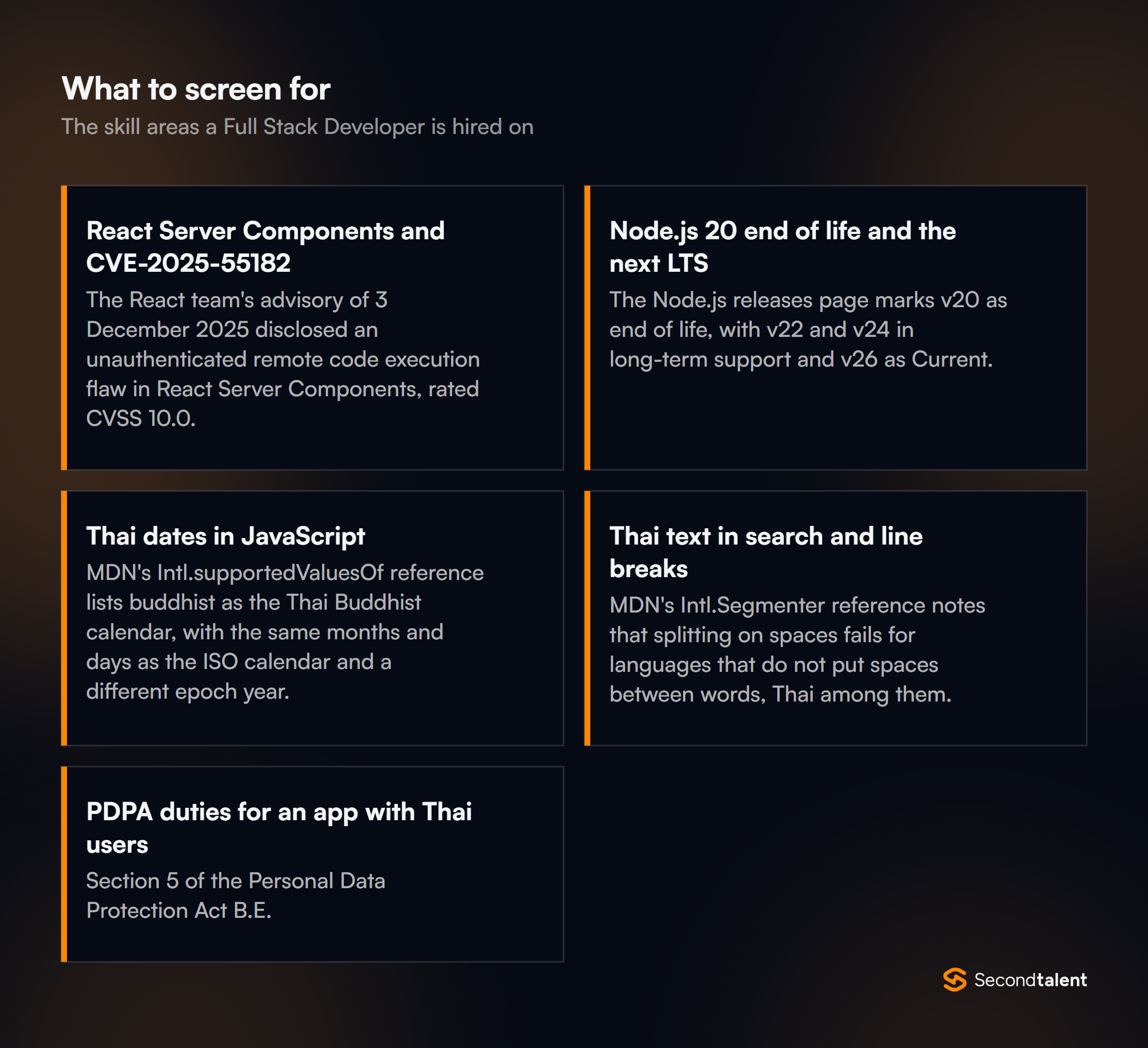 The core skill areas to screen for when hiring Full Stack Developers in Thailand