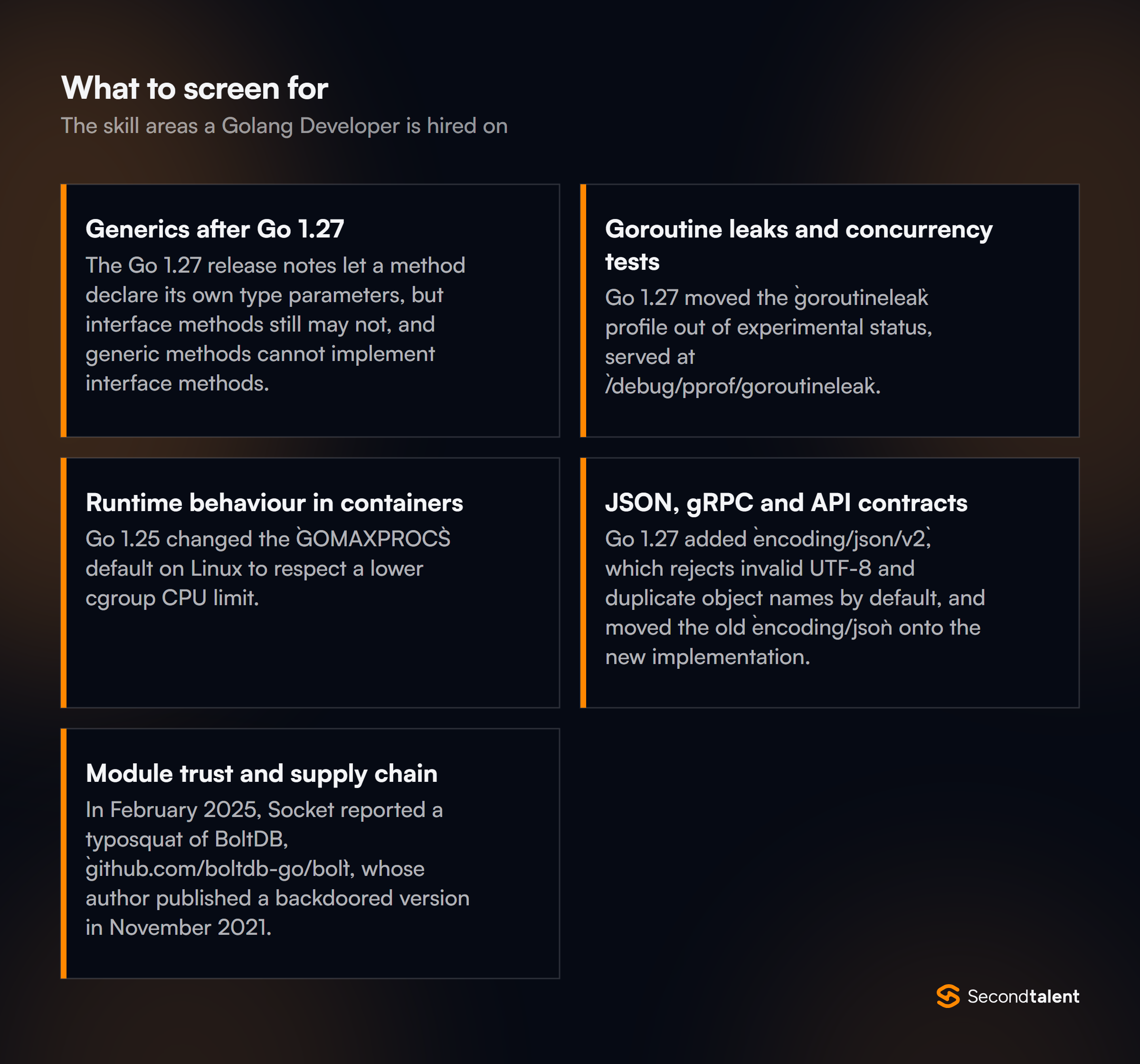 The core skill areas to screen for when hiring Golang Developers