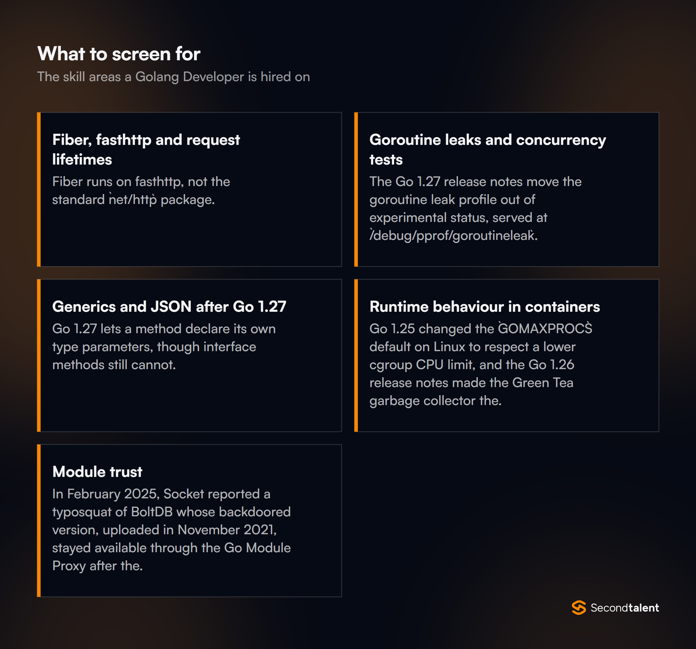 The core skill areas to screen for when hiring Golang Developers in the Philippines