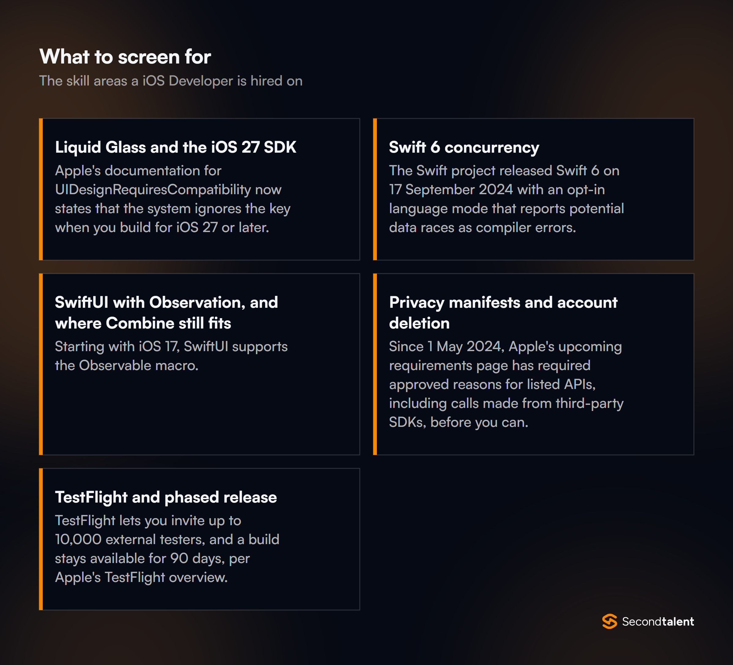 The core skill areas to screen for when hiring iOS Developers