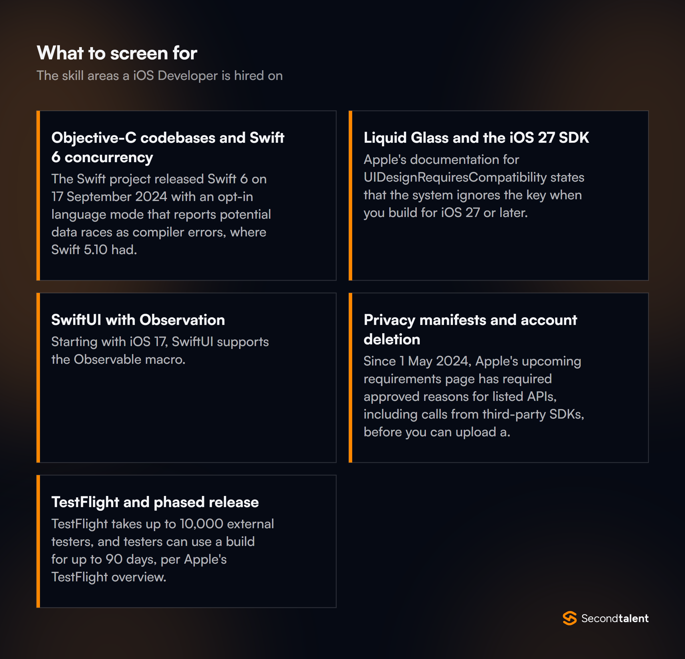 The core skill areas to screen for when hiring iOS Developers in the Philippines