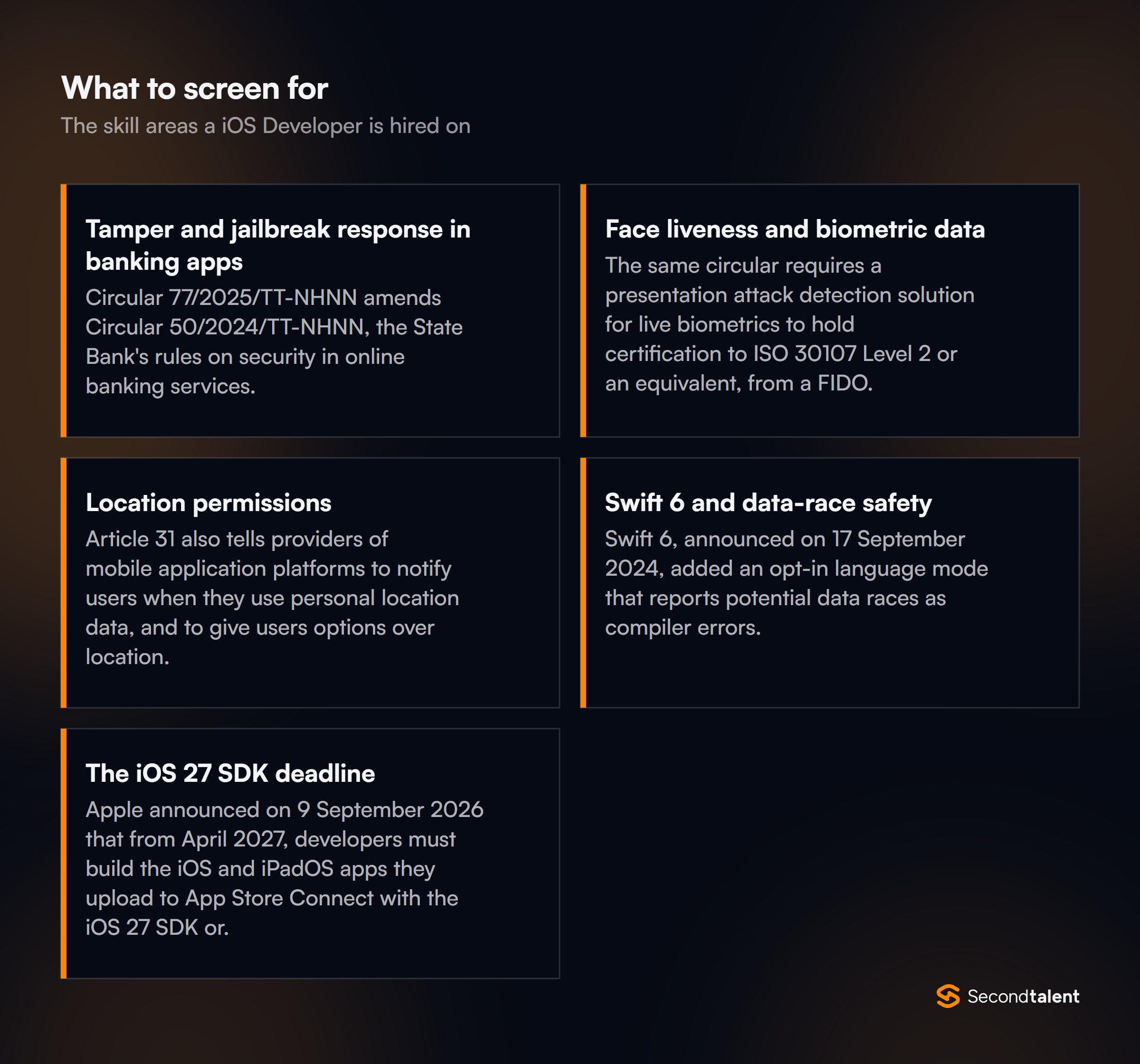 The core skill areas to screen for when hiring iOS Developers in Vietnam
