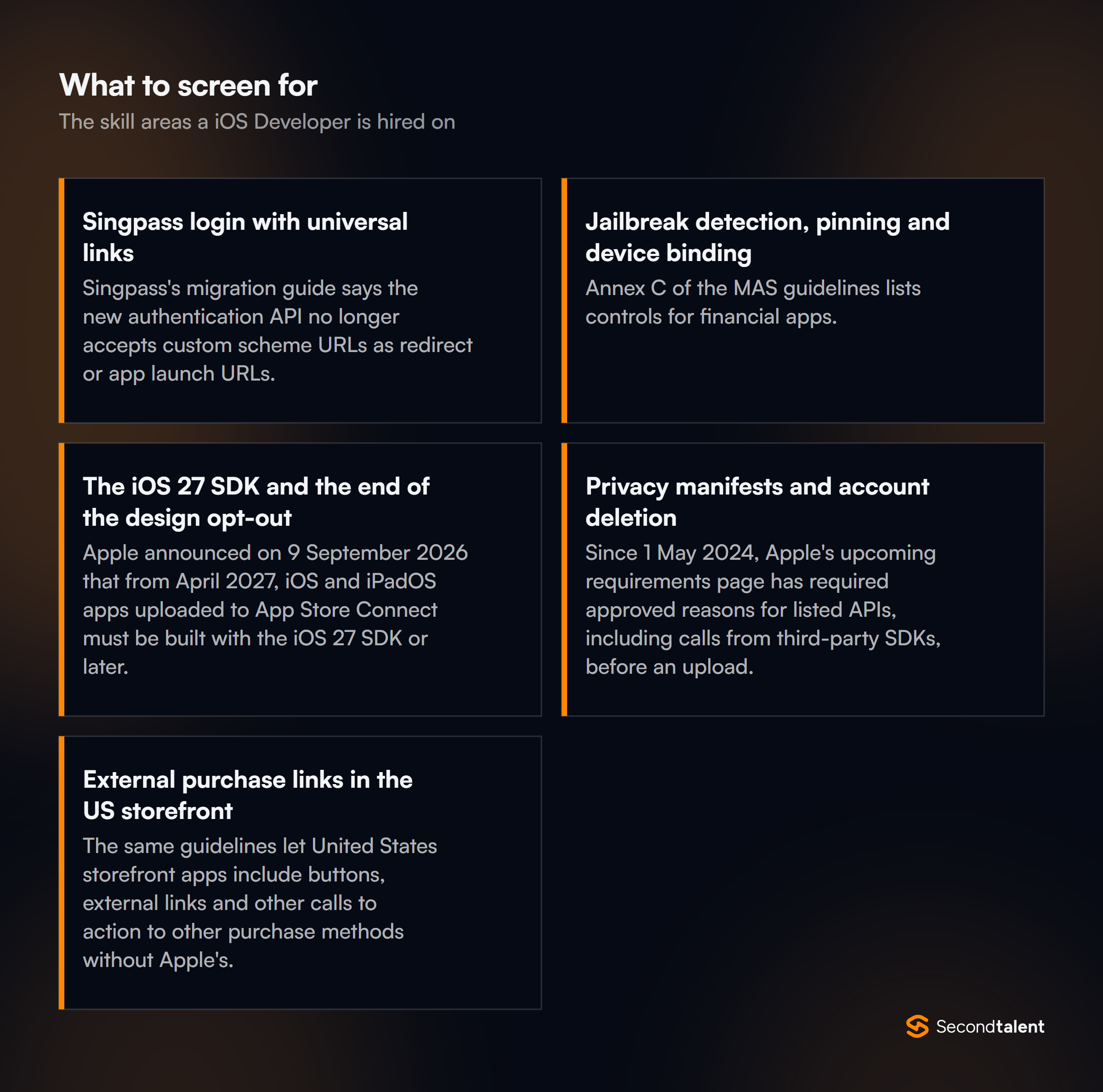 The core skill areas to screen for when hiring iOS Developers in Singapore