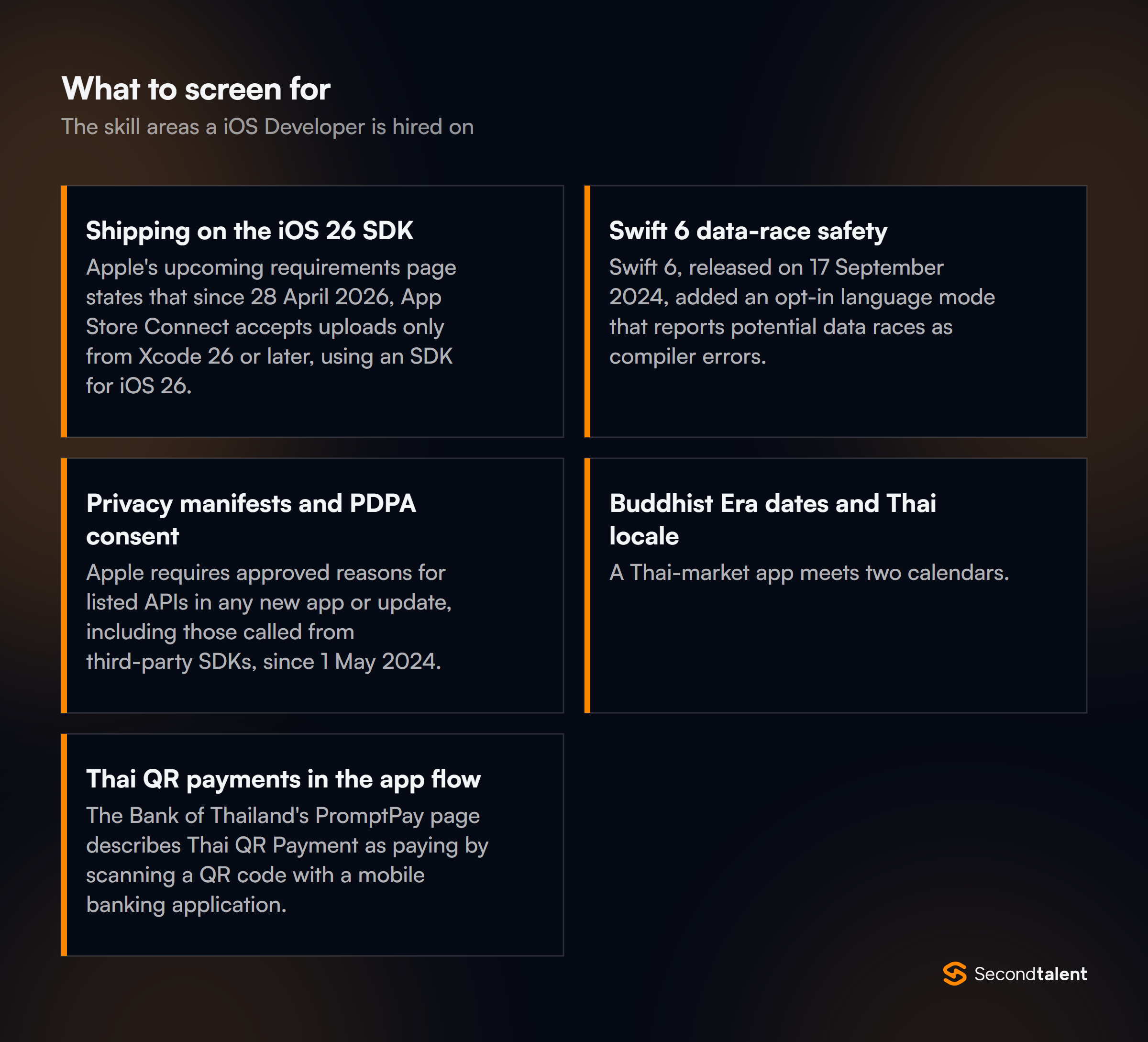 The core skill areas to screen for when hiring iOS Developers in Thailand