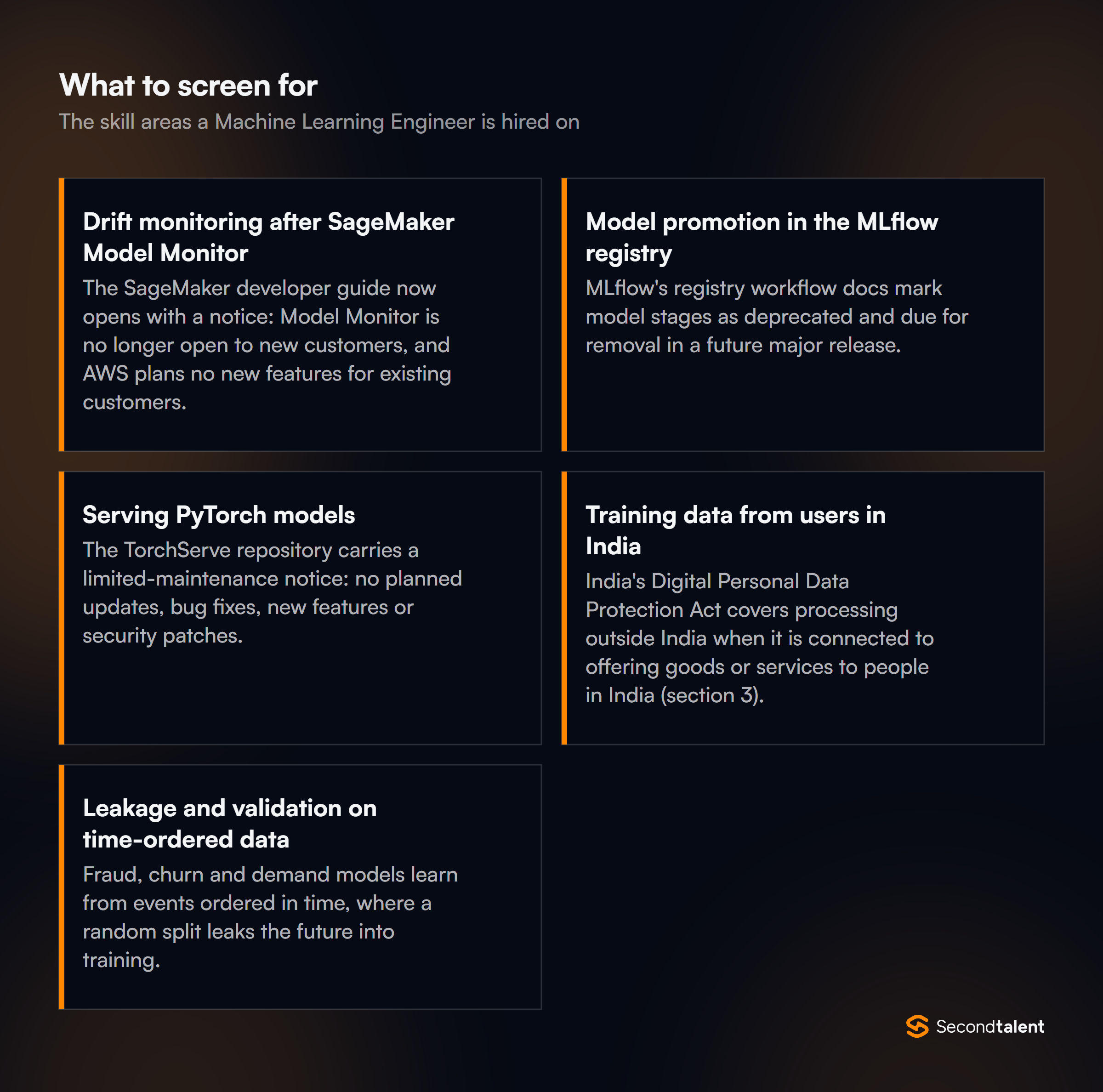 The core skill areas to screen for when hiring Machine Learning Engineers in India