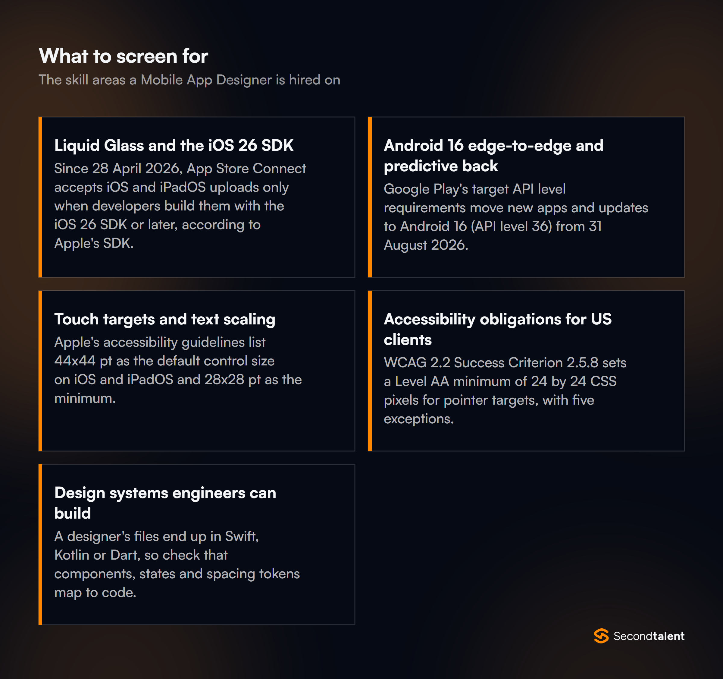 The core skill areas to screen for when hiring Mobile App Designers