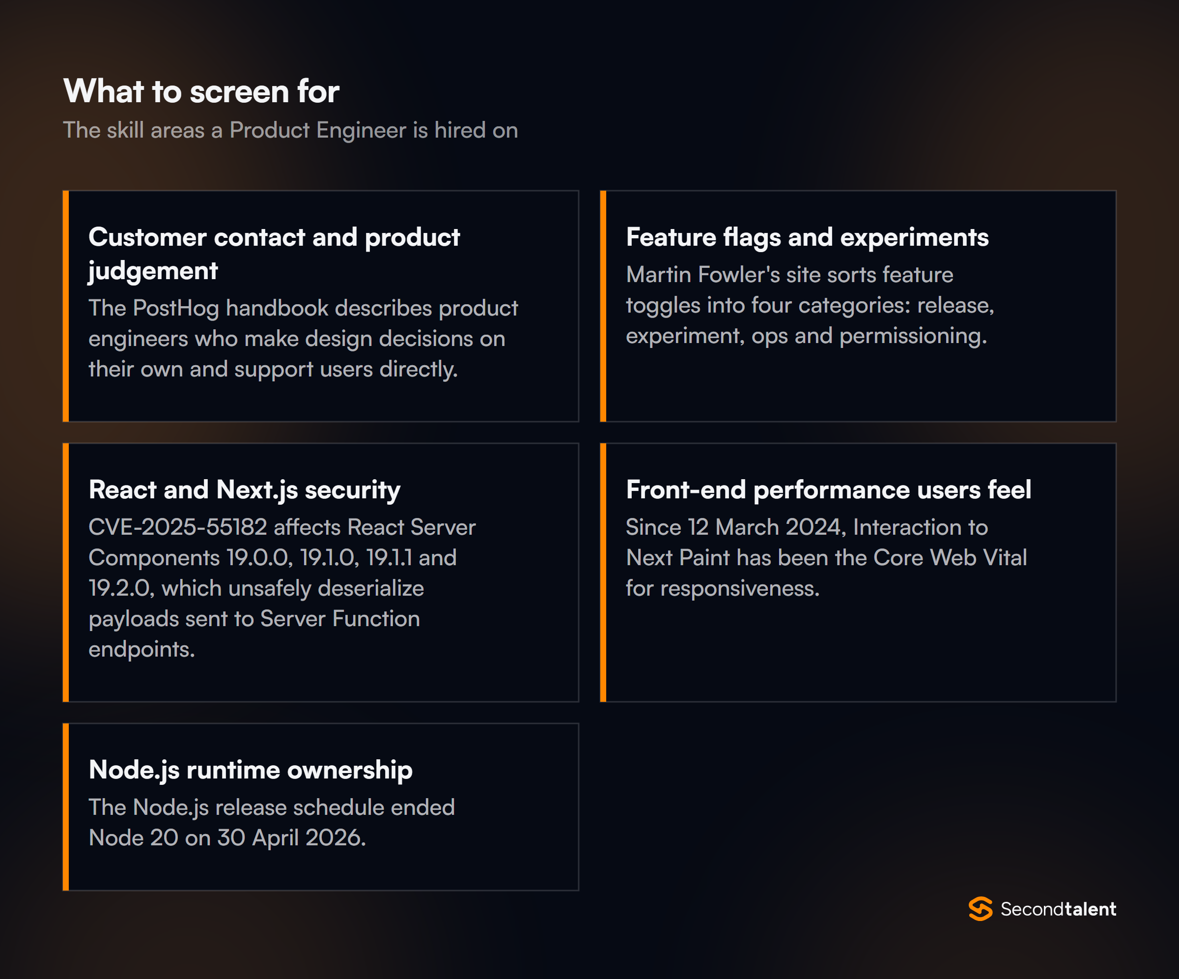 The core skill areas to screen for when hiring Product Engineers