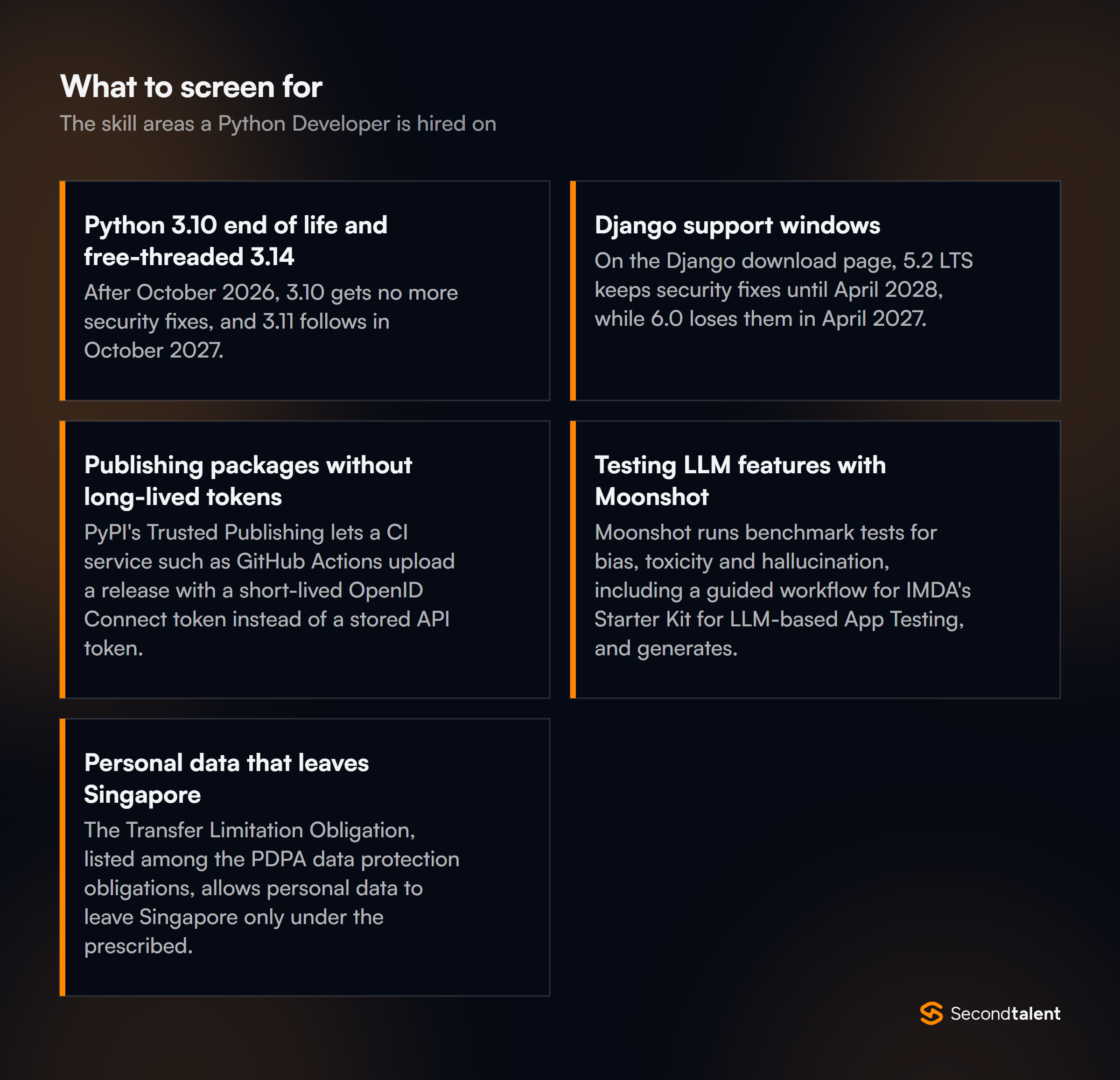 The core skill areas to screen for when hiring Python Developers in Singapore