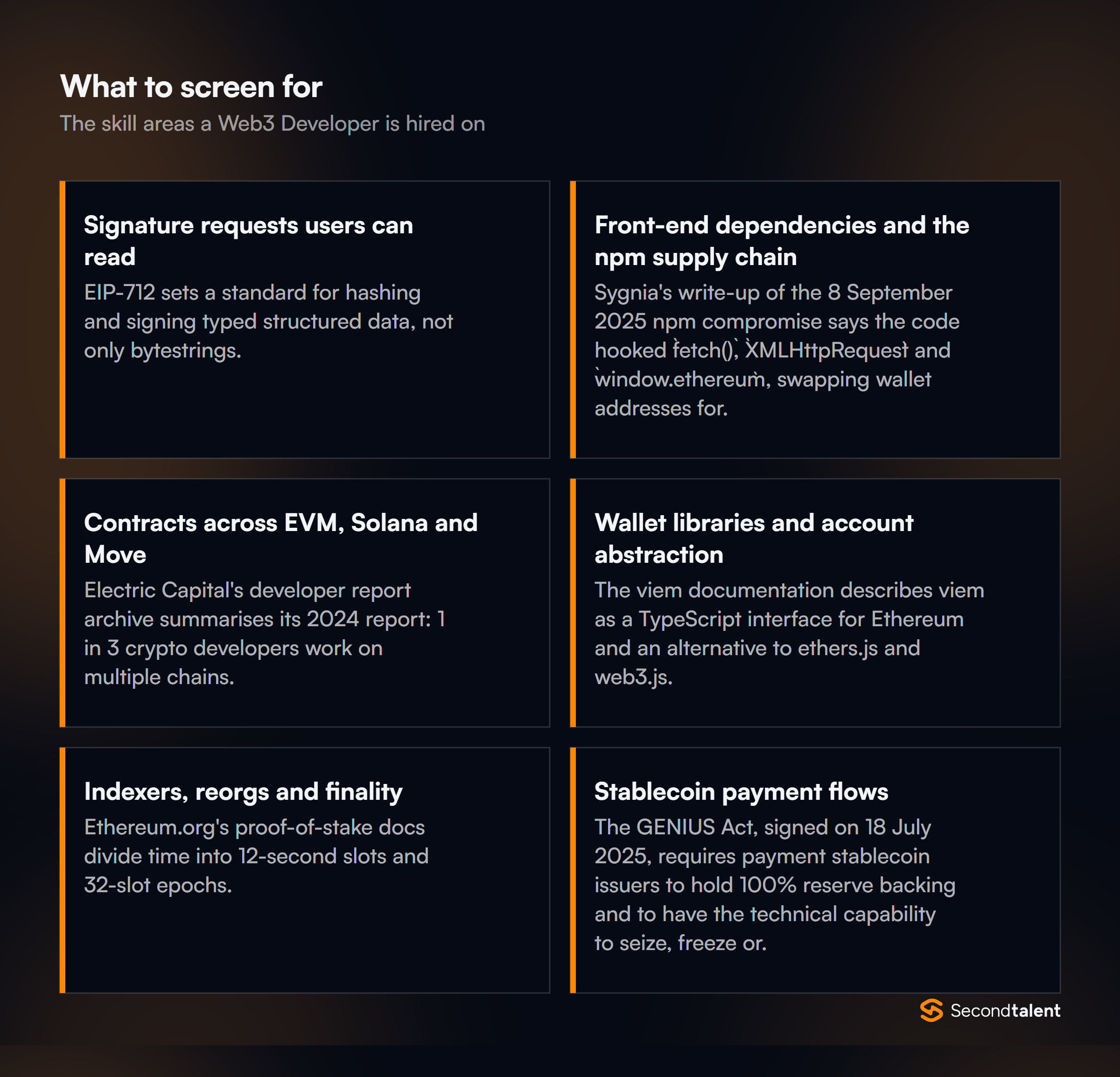 The core skill areas to screen for when hiring Web3 Developers