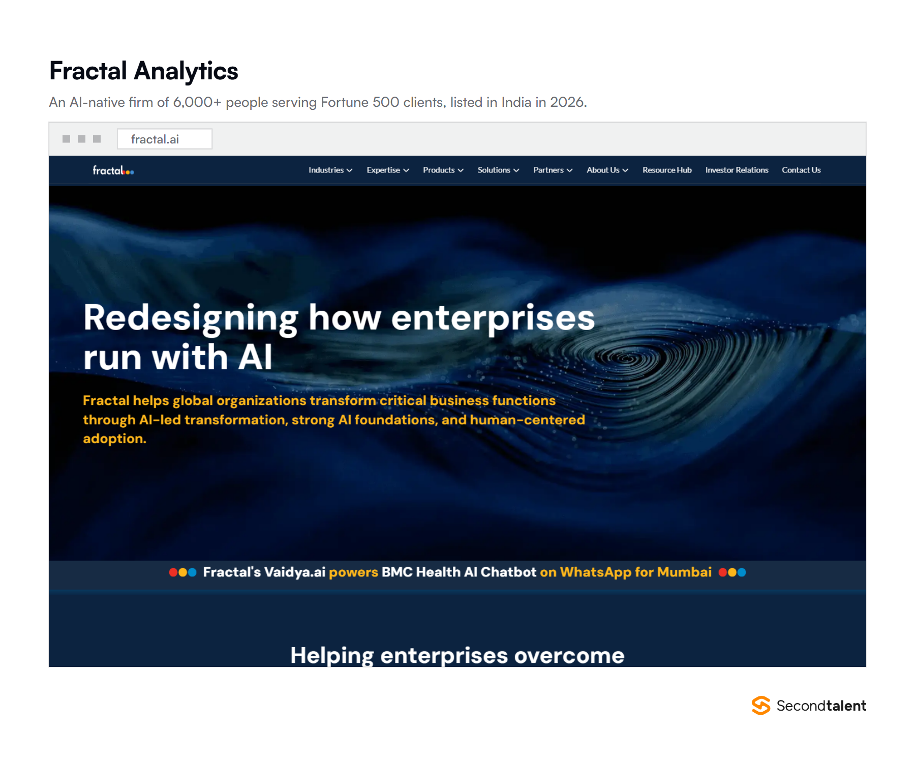 Fractal Analytics homepage, offering enterprise AI solutions and AI consulting services to Fortune 500 clients.