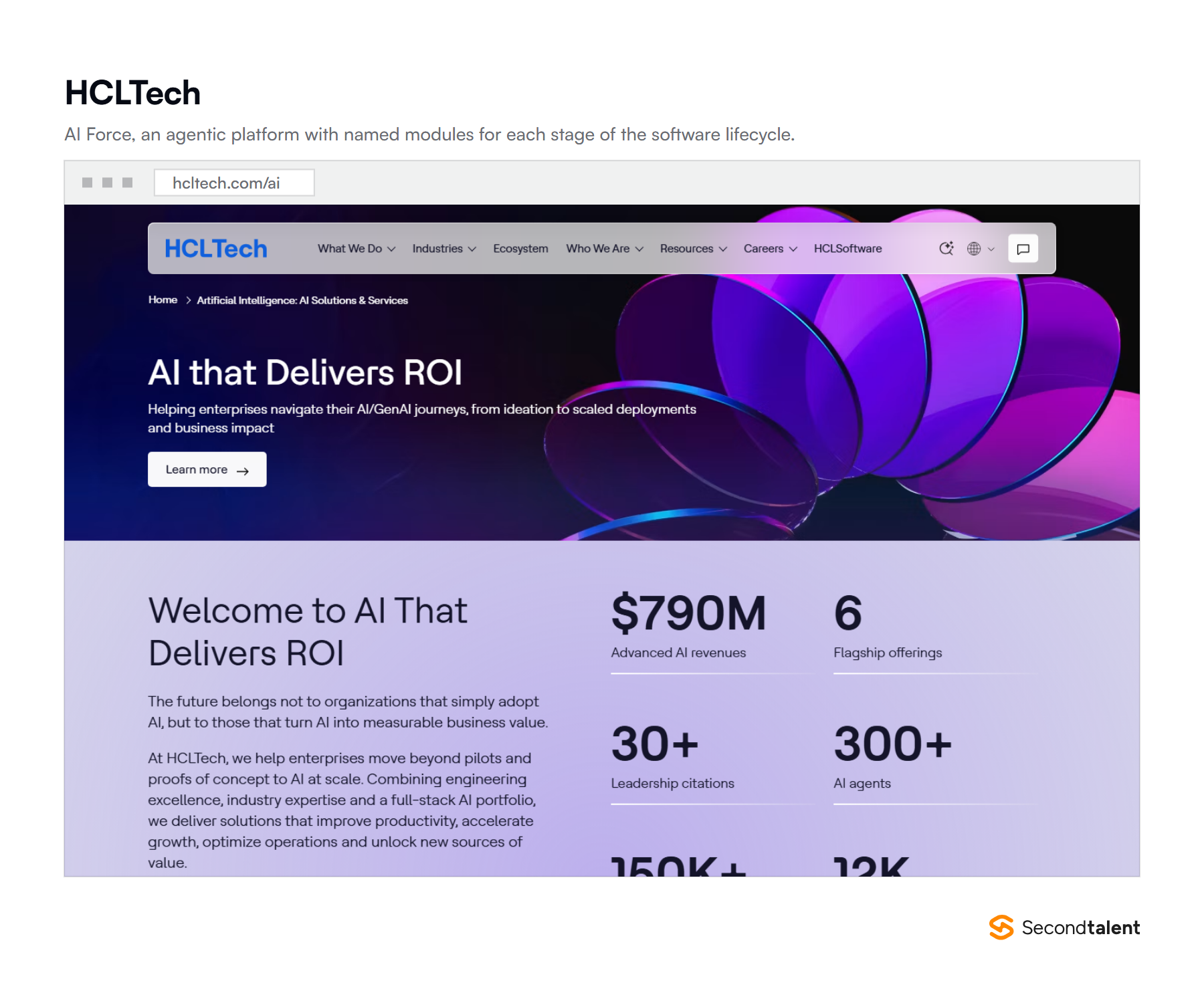 HCLTech's AI page listing $790 million in advanced AI revenues, 300+ AI agents, 150,000 employees trained on AI and 12,000 certified AI builders.