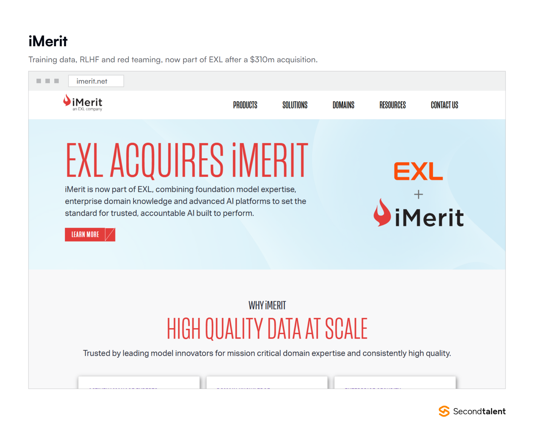 iMerit's homepage announcing that EXL has acquired iMerit, alongside its data annotation and model fine-tuning solutions.