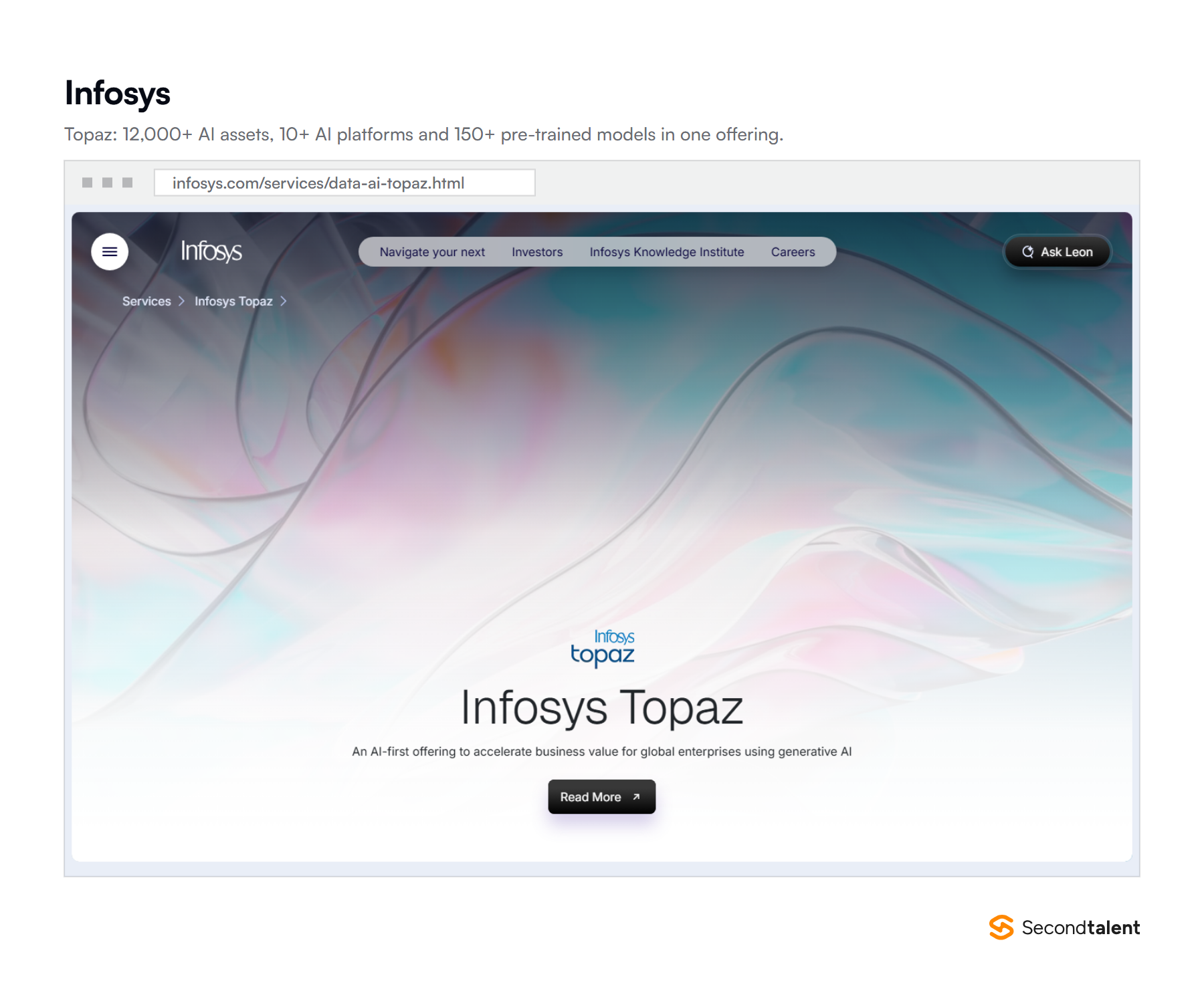 Infosys Topaz page, an AI-first offering with 12,000+ AI assets, 10+ AI platforms and 150+ pre-trained AI models.