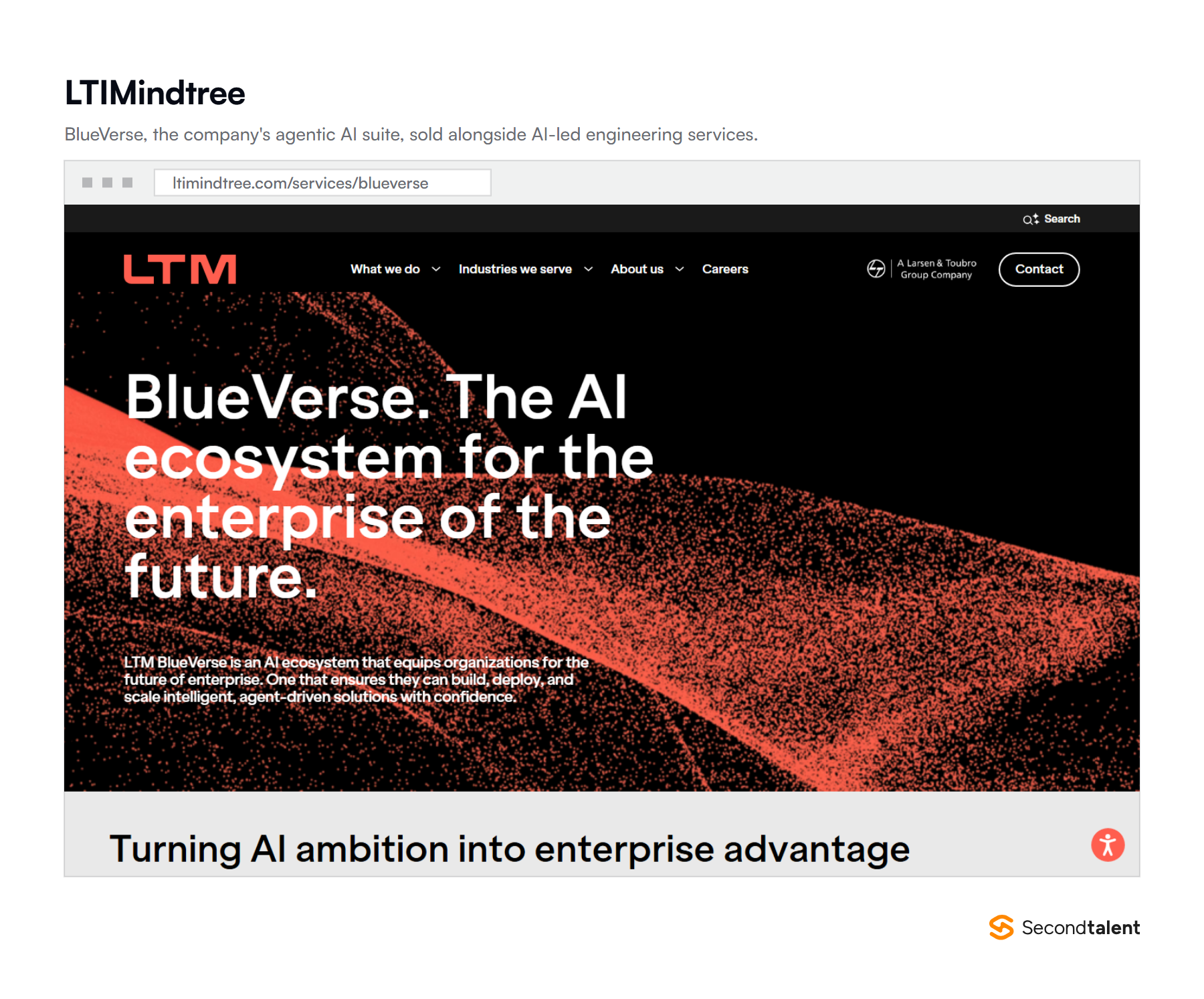 LTIMindtree's BlueVerse page, presenting its agentic AI platform and AI business suite.