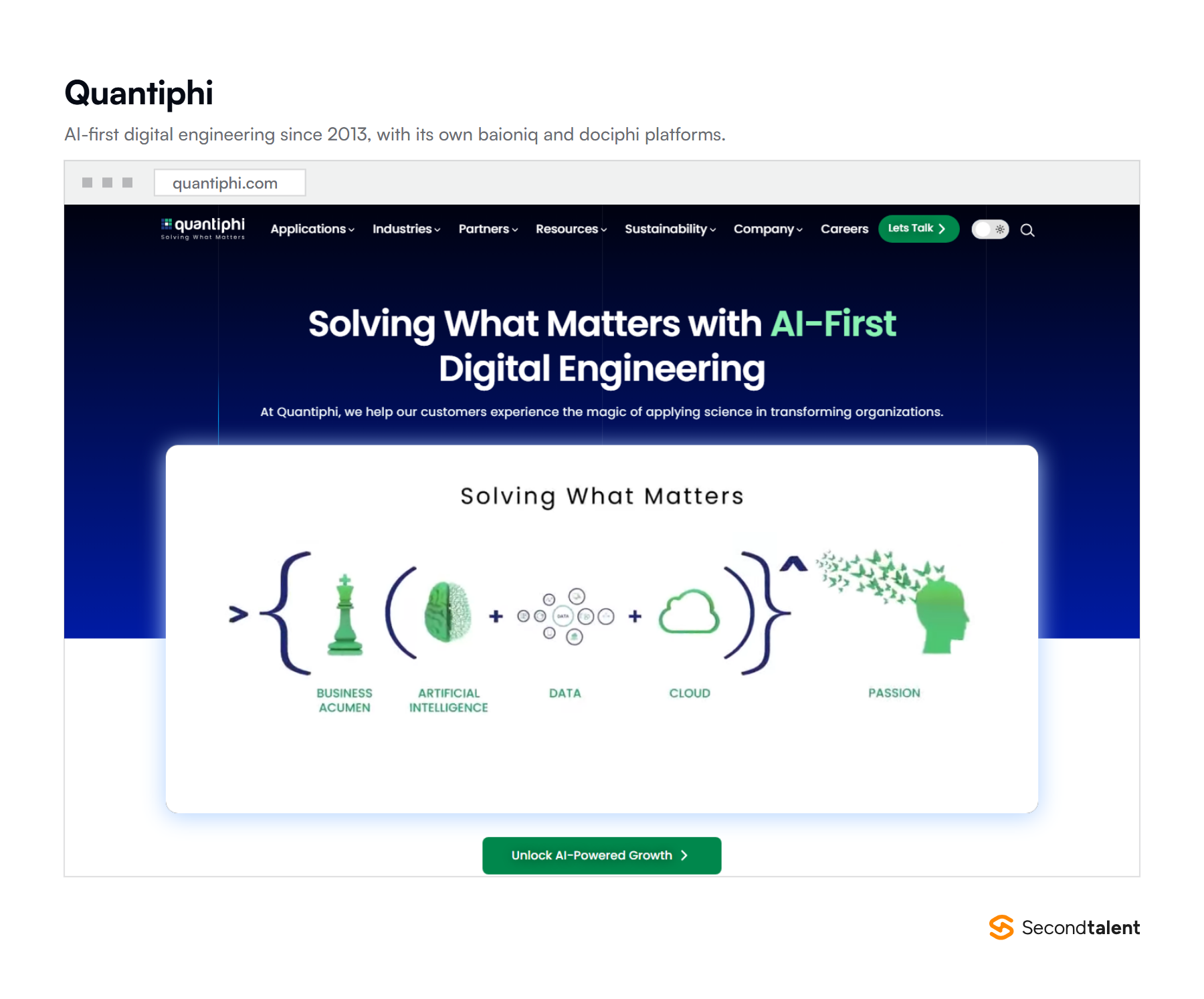 Quantiphi's homepage, headed Solving What Matters with AI-First Digital Engineering, combining business acumen, artificial intelligence, data and cloud.