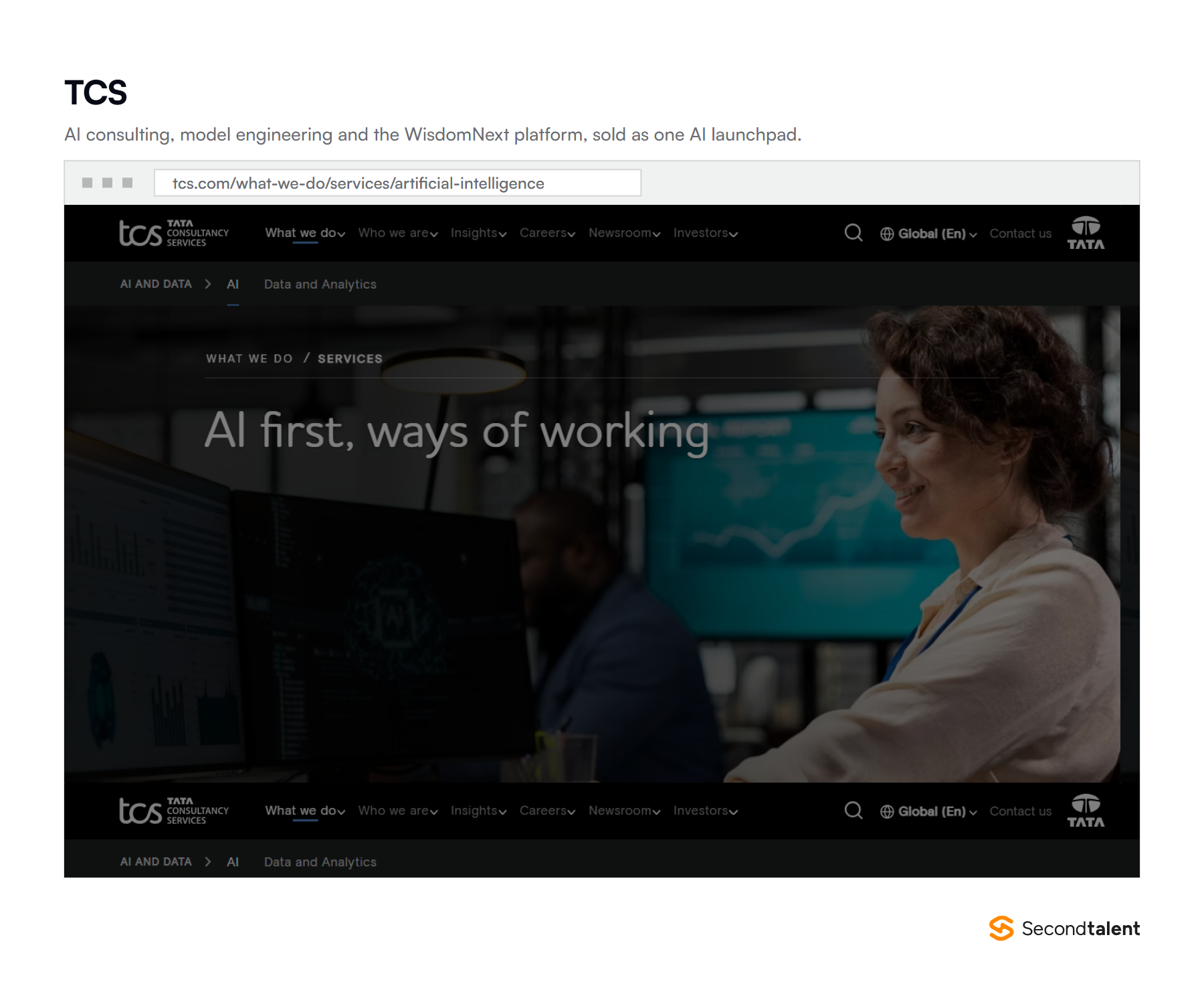 TCS artificial intelligence page, headed Building a Smarter, Connected Tomorrow with AI-first and Agentic AI, featuring the TCS AI WisdomNext platform.