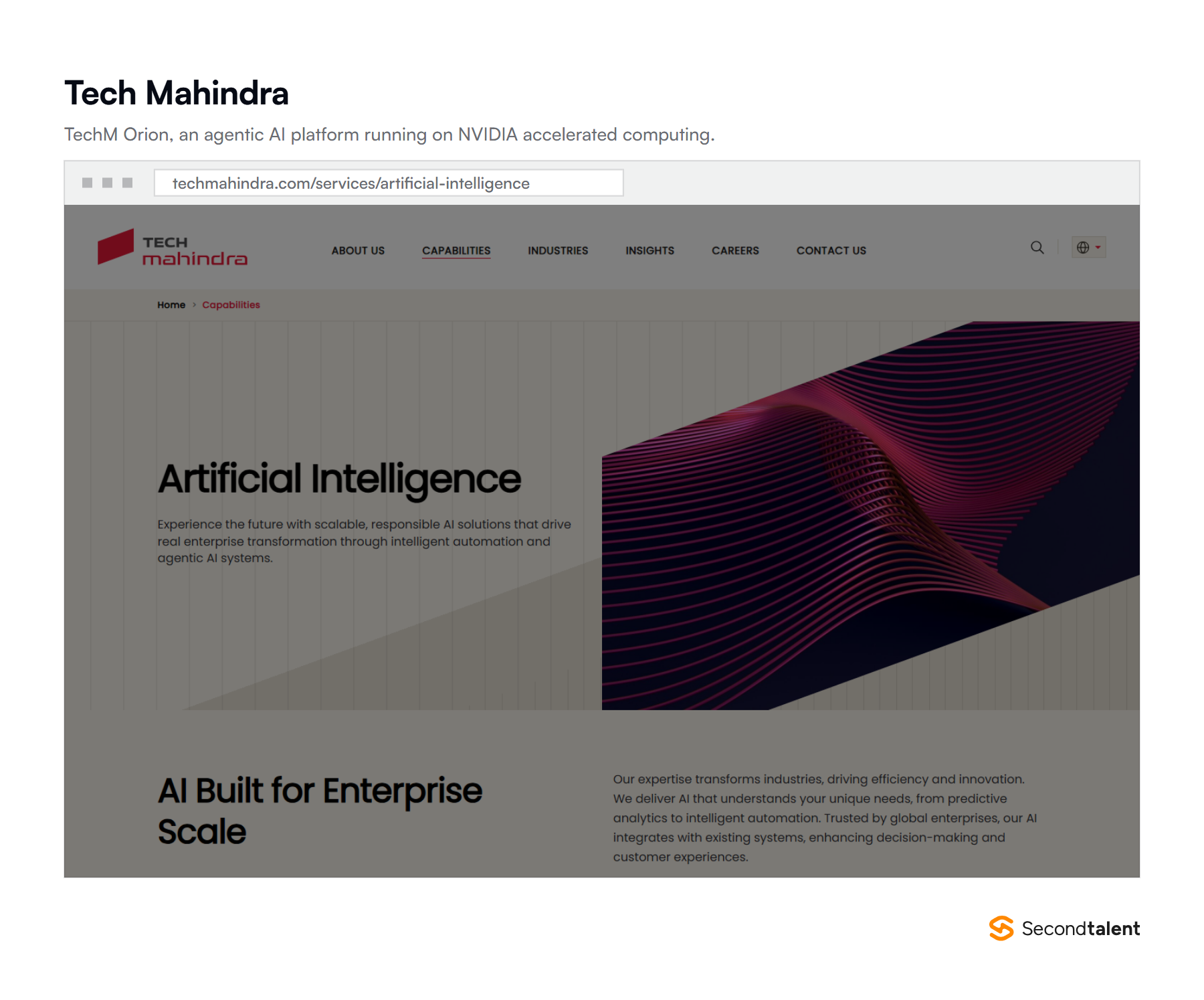 Tech Mahindra's artificial intelligence page for enterprises, featuring the TechM Orion agentic AI platform built on NVIDIA accelerated computing.