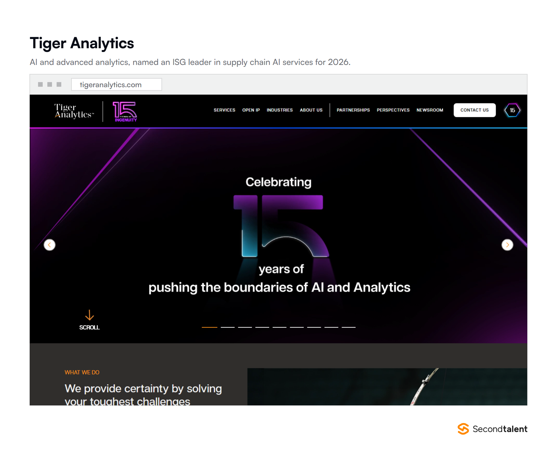 Tiger Analytics homepage, offering AI and advanced analytics solutions for enterprises, with ISG leader recognitions for 2026.