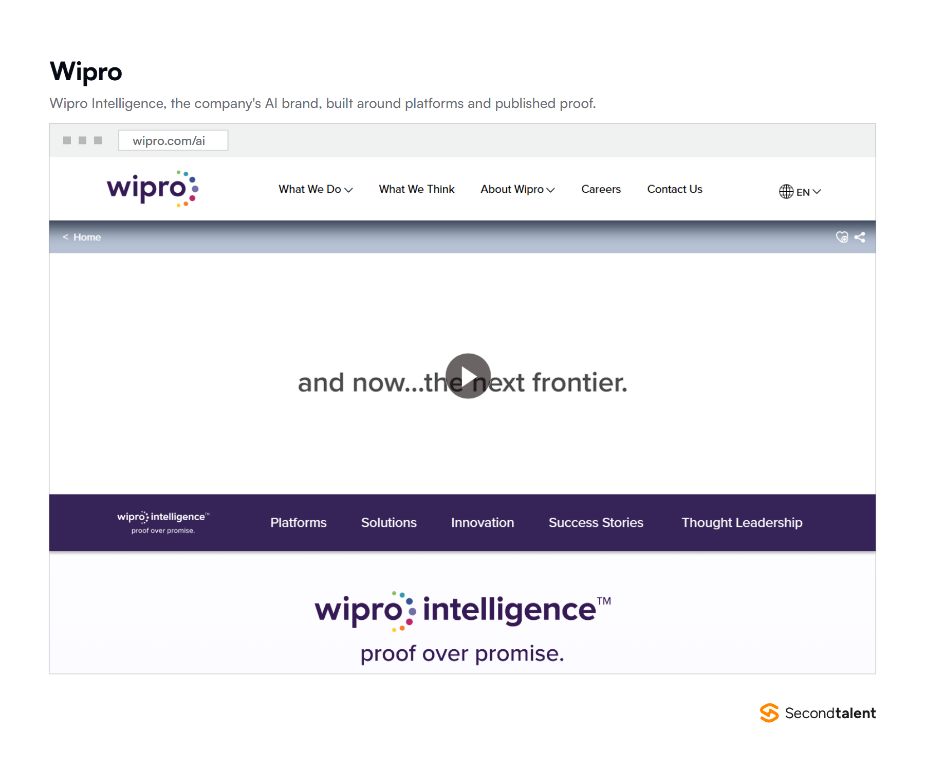 Wipro's AI page introducing Wipro Intelligence with the tagline proof over promise, linking platforms, solutions, innovation and success stories.