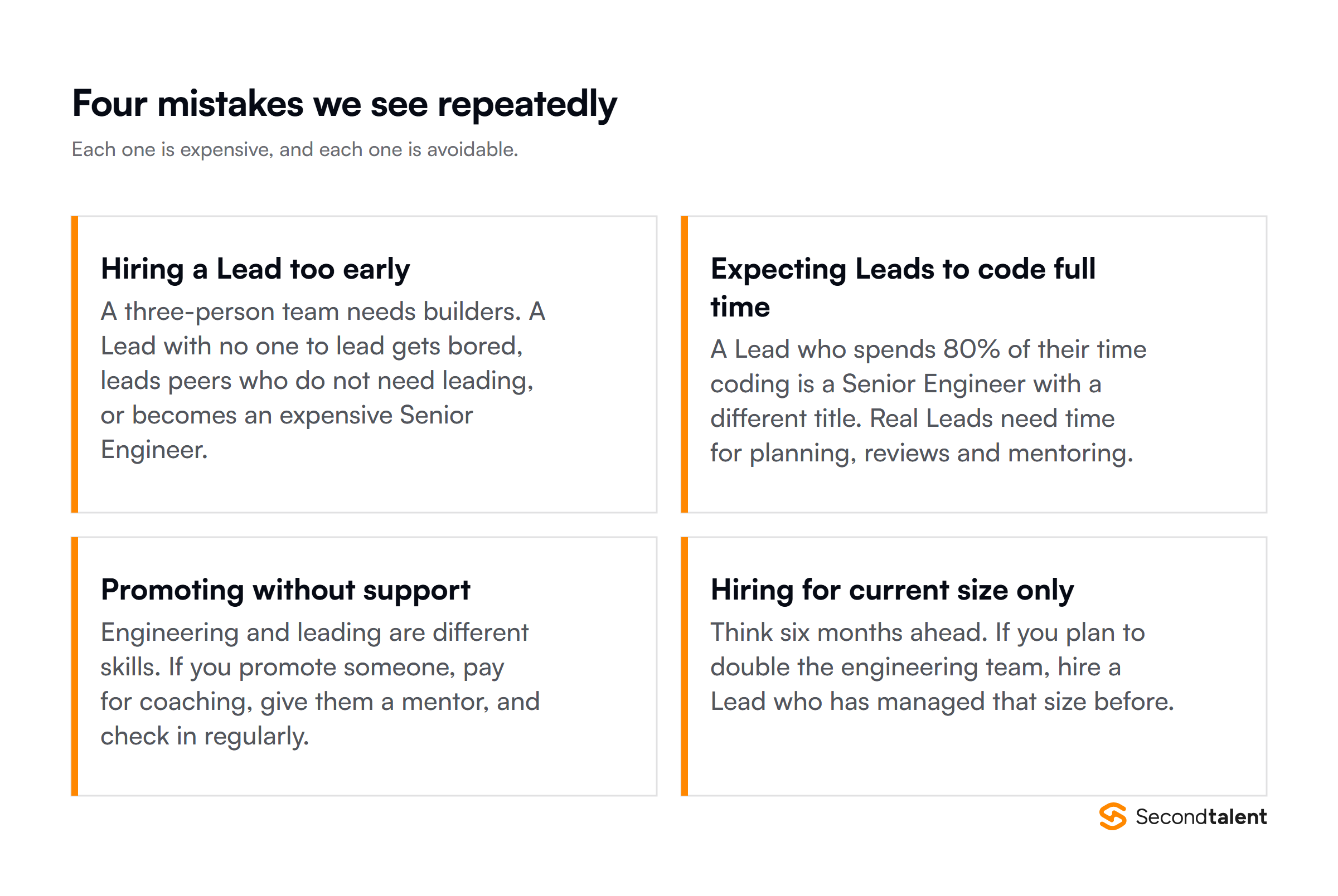 Four common mistakes when hiring a Lead Engineer: hiring too early, expecting full-time coding, promoting without support, and hiring only for current team size.