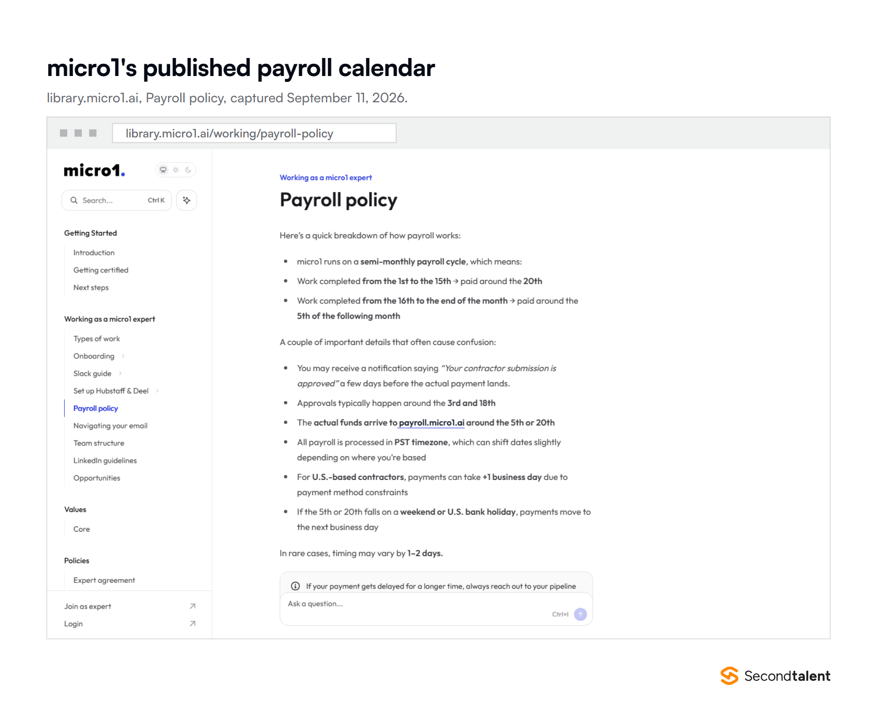 Screenshot of micro1's payroll policy page: a semi-monthly payroll cycle, work from the 1st to the 15th paid around the 20th, work from the 16th to month-end paid around the 5th of the next month, approvals around the 3rd and 18th, processed in PST.