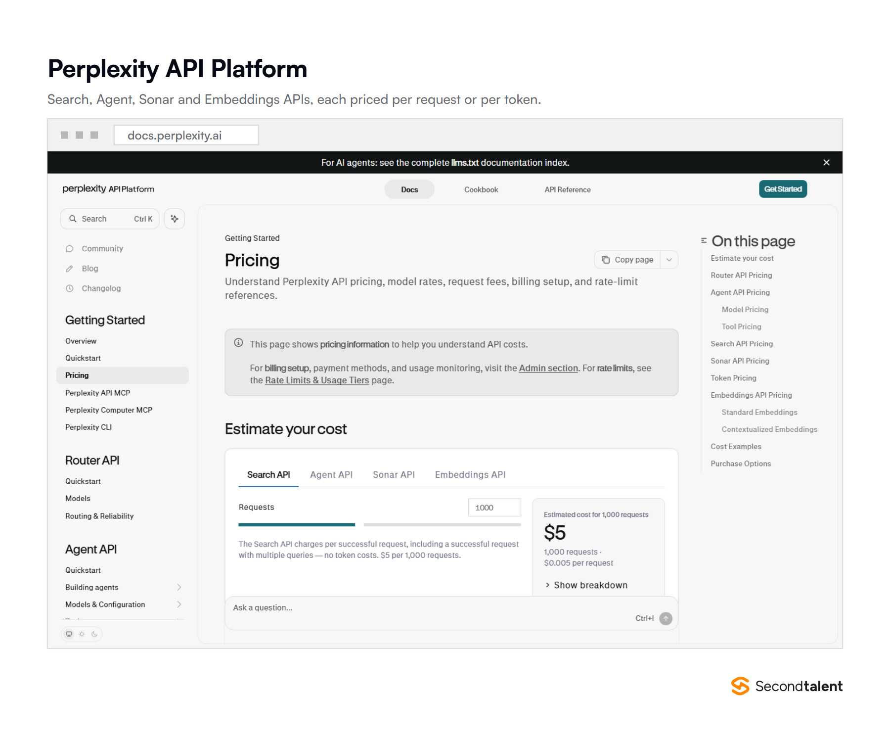 Perplexity API Platform pricing docs showing the Search API at $5 per 1,000 requests, with tabs for the Agent, Sonar and Embeddings APIs.