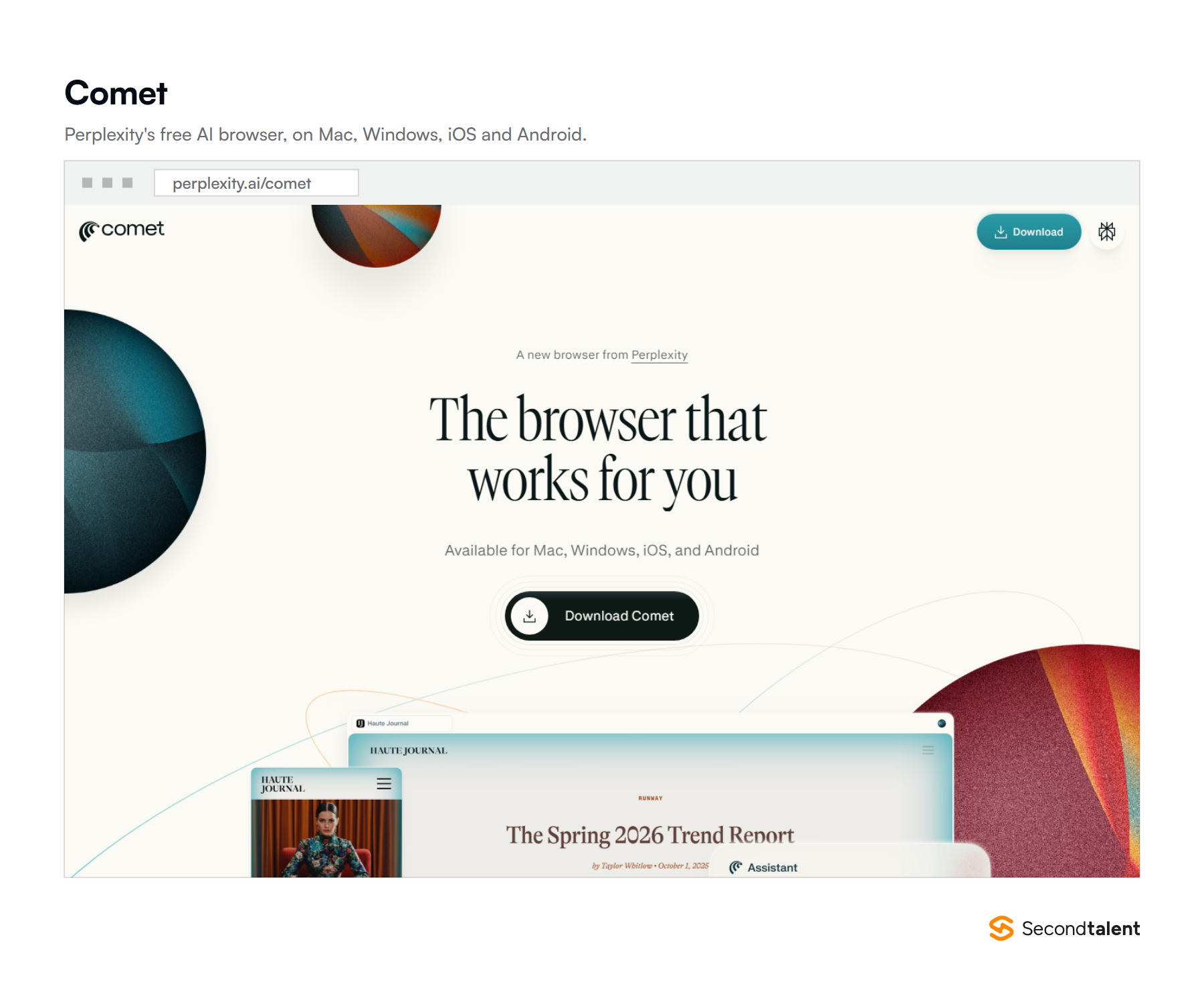 The Comet browser page, The browser that works for you, available for Mac, Windows, iOS and Android.