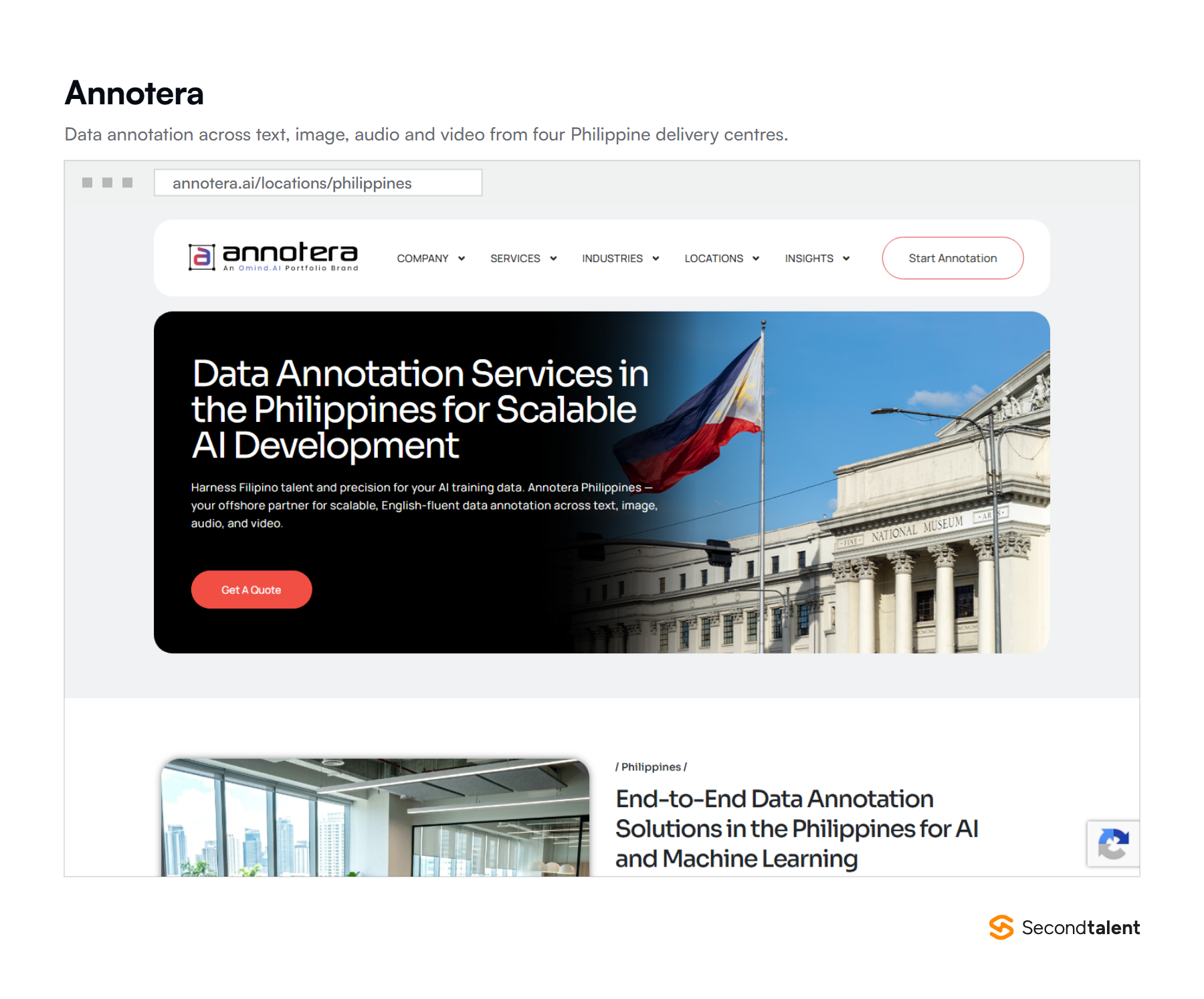 Annotera's Philippines page, offering data annotation across text, image, audio and video from delivery centres in Manila, Cebu, Silang and Legazpi City.