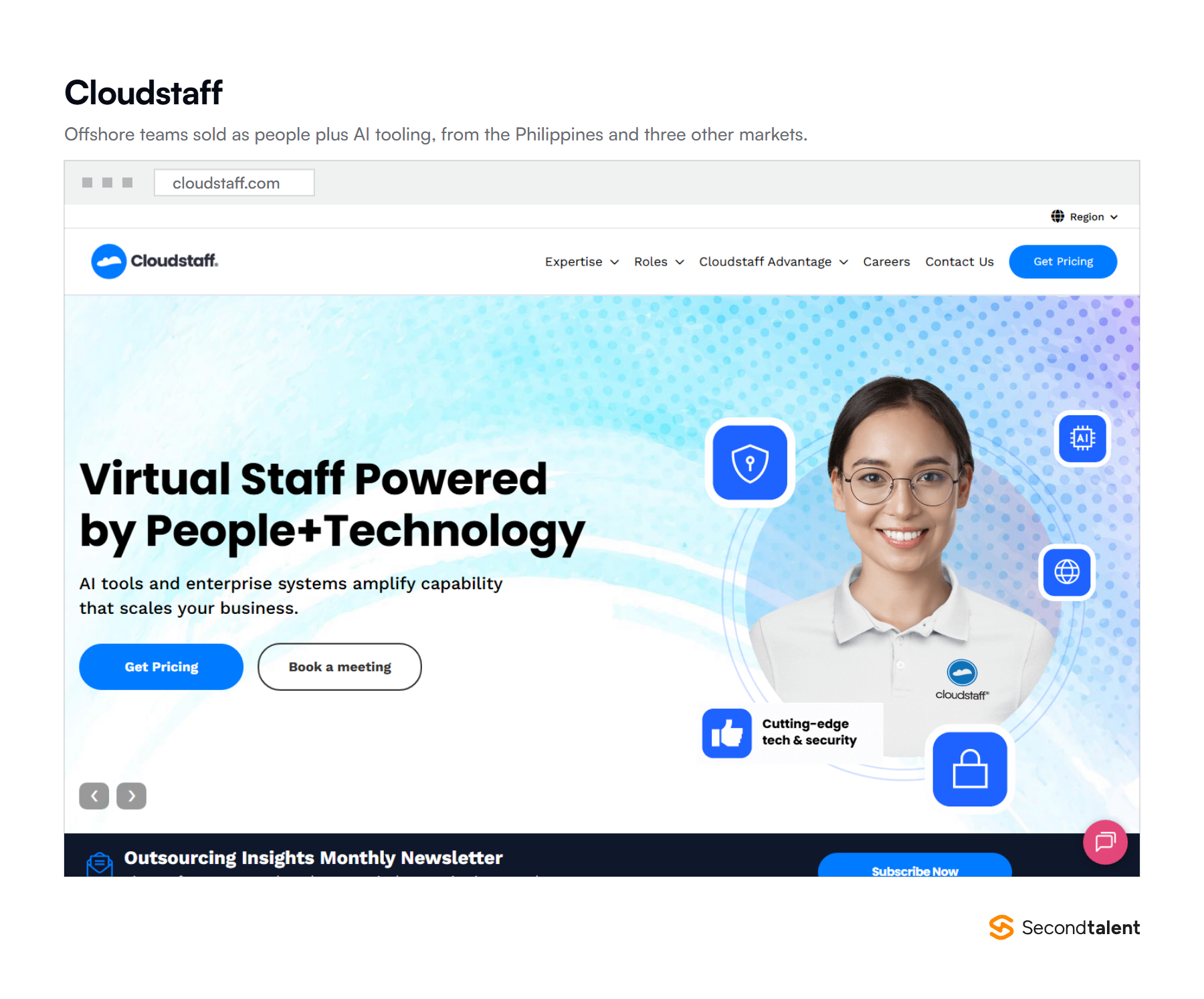 Cloudstaff homepage, headed Virtual Staff Powered by People plus Technology, offering AI tools and enterprise systems alongside remote staff.