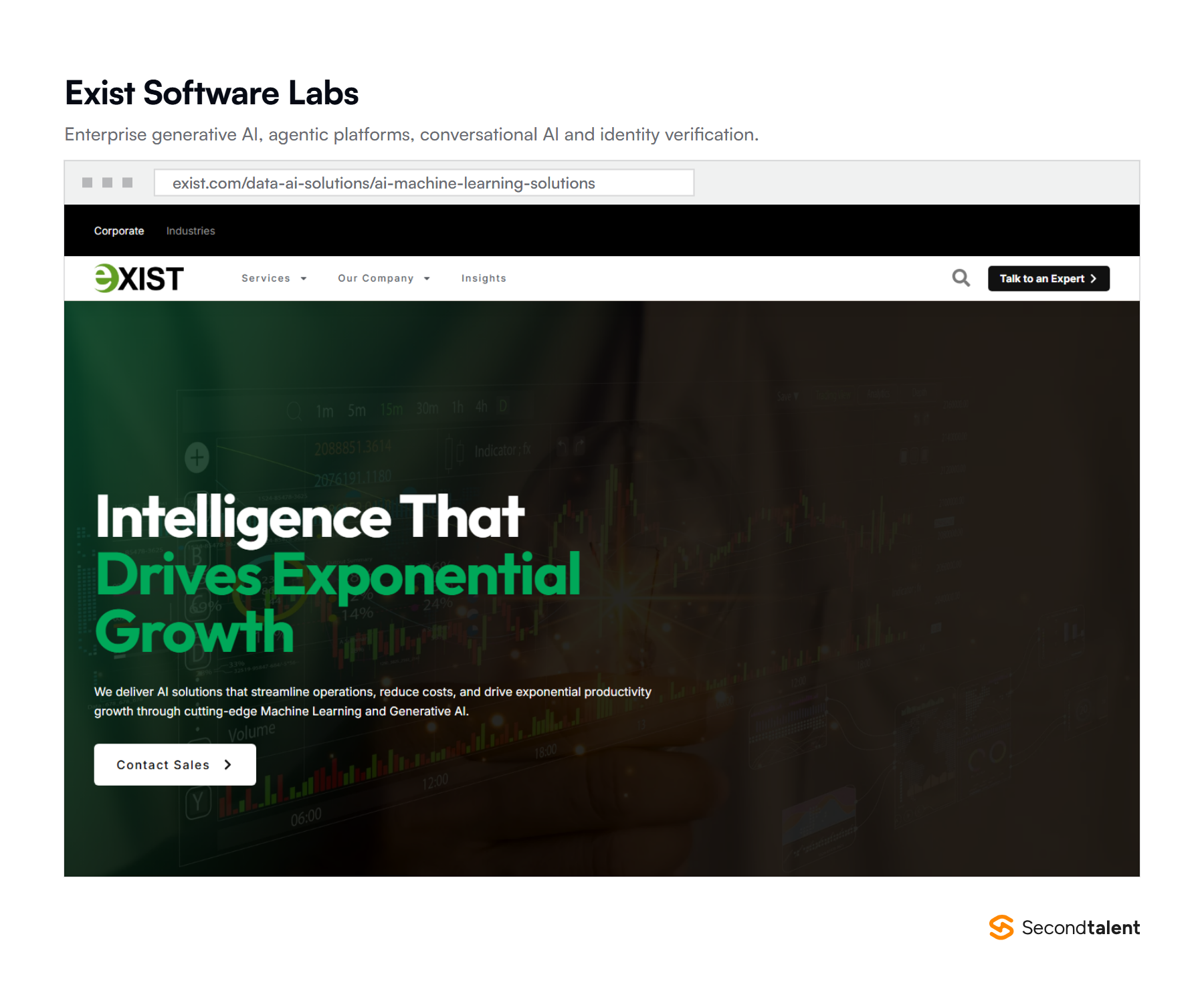 Exist Software Labs' AI and machine learning page, headed Intelligence That Drives Exponential Growth, offering machine learning and generative AI solutions.