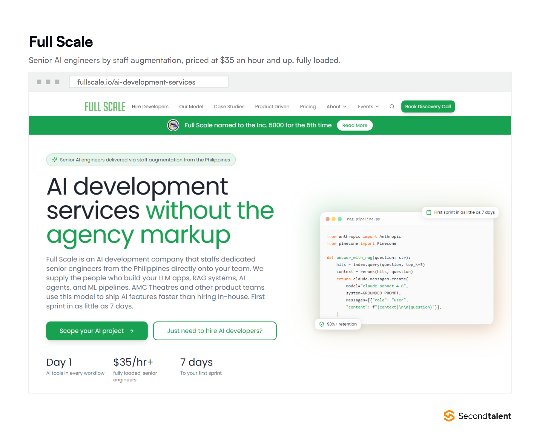 Full Scale's AI development services page, offering senior AI engineers from the Philippines at $35 an hour and up fully loaded, with a first sprint in seven days.