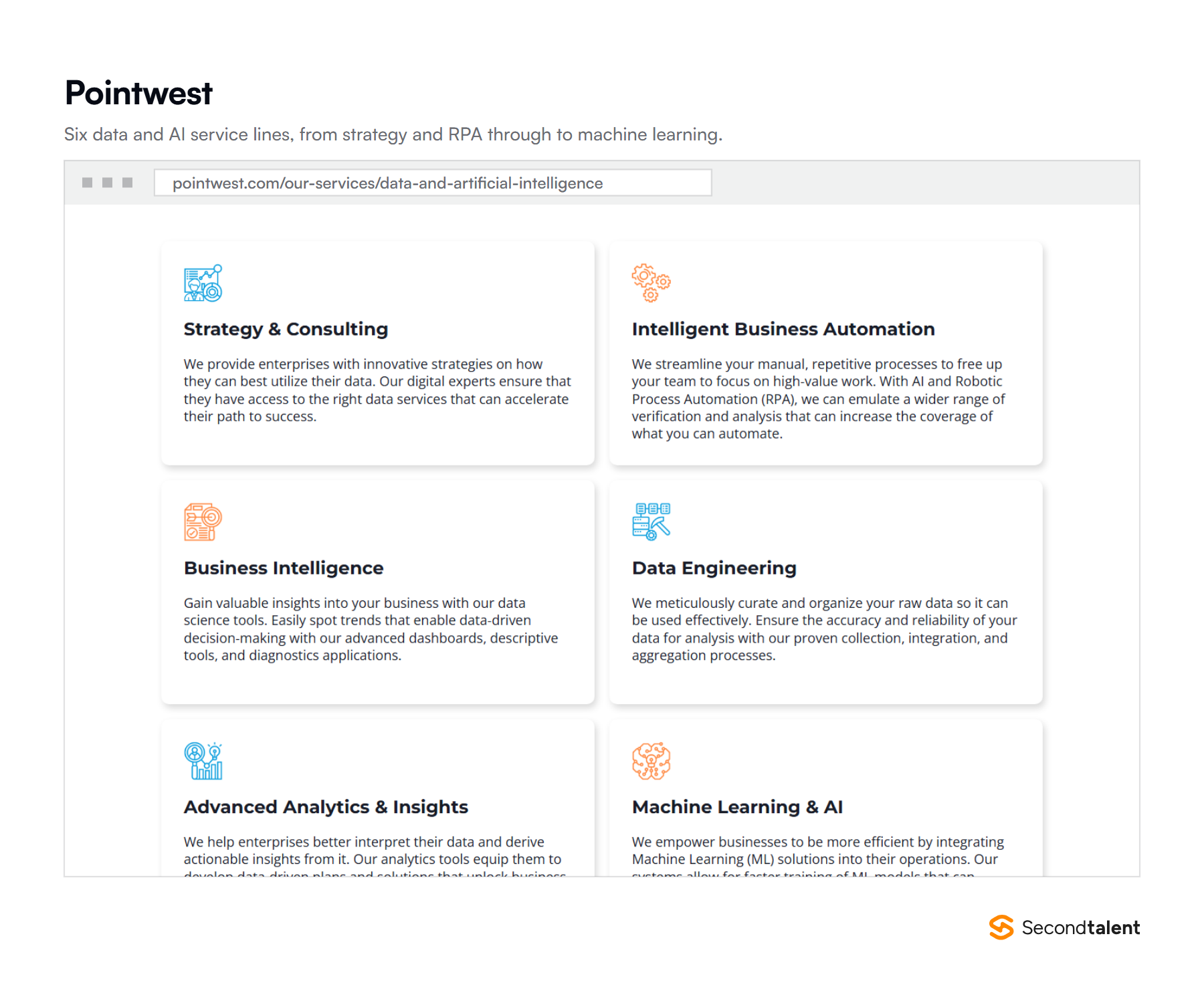 Pointwest's data and artificial intelligence page, listing strategy and consulting, intelligent business automation, business intelligence, data engineering, advanced analytics and machine learning.