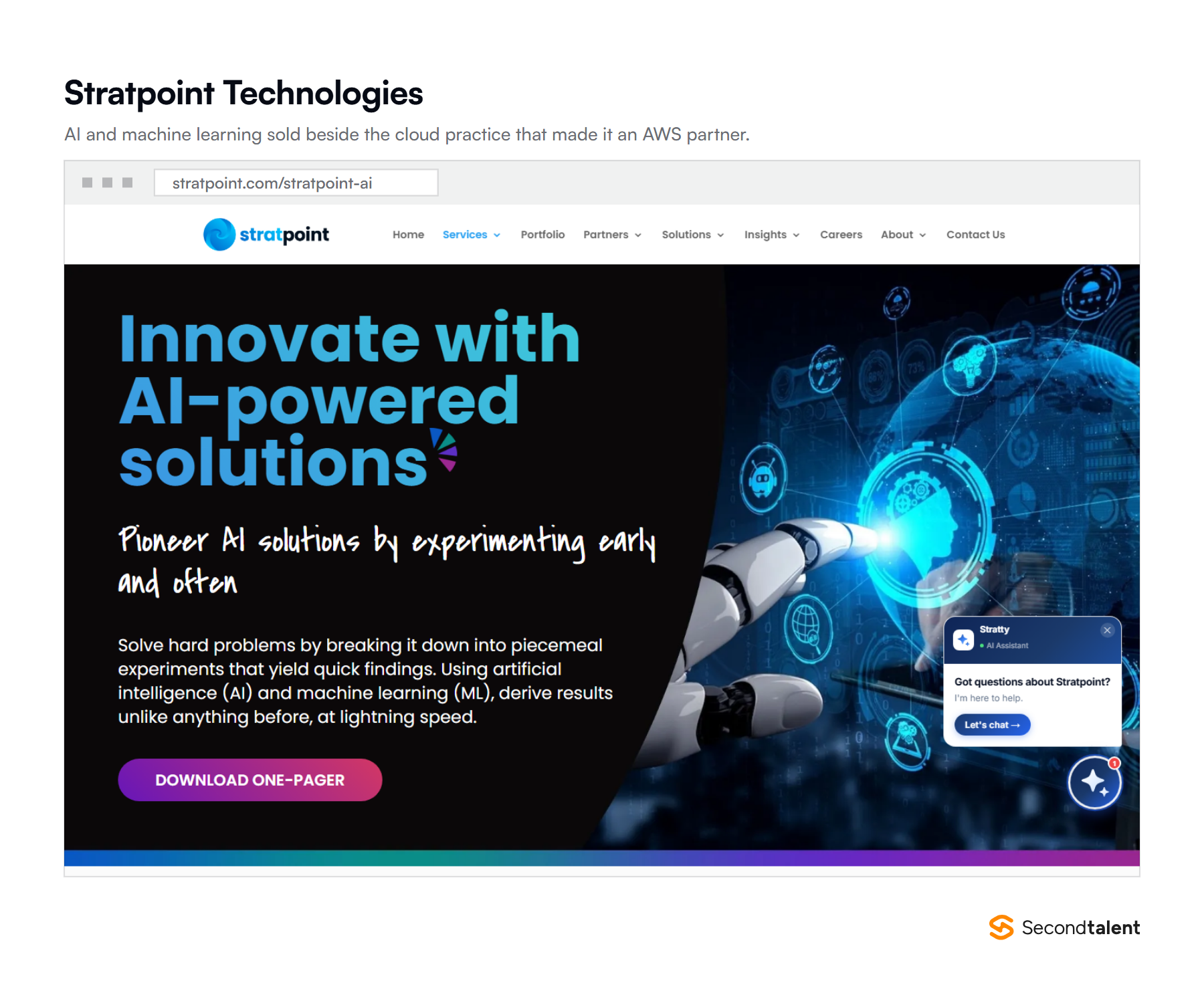 Stratpoint's AI page, headed Innovate with AI-powered solutions, inviting clients to pioneer AI solutions by experimenting early and often.