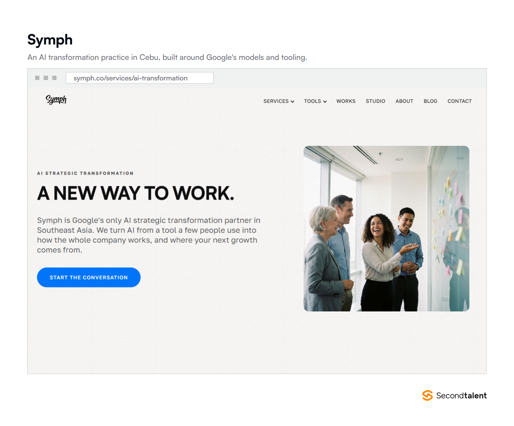 Symph's AI transformation page, headed A New Way To Work, describing the company as Google's only AI strategic transformation partner in Southeast Asia.