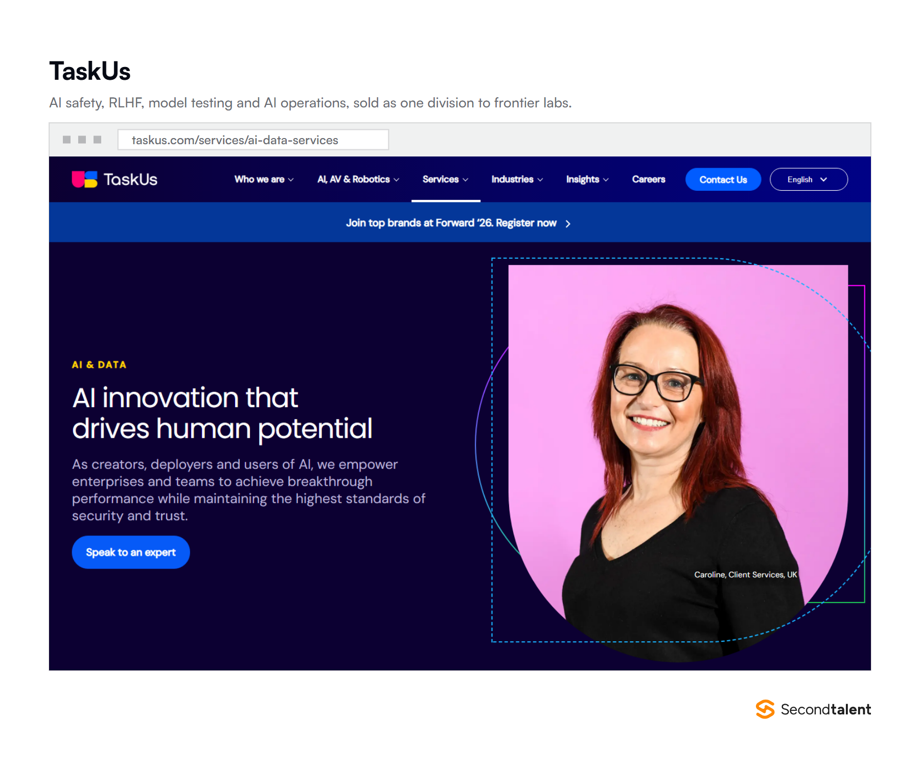 TaskUs AI data services page, headed AI innovation that drives human potential, describing the company as a creator, deployer and user of AI.
