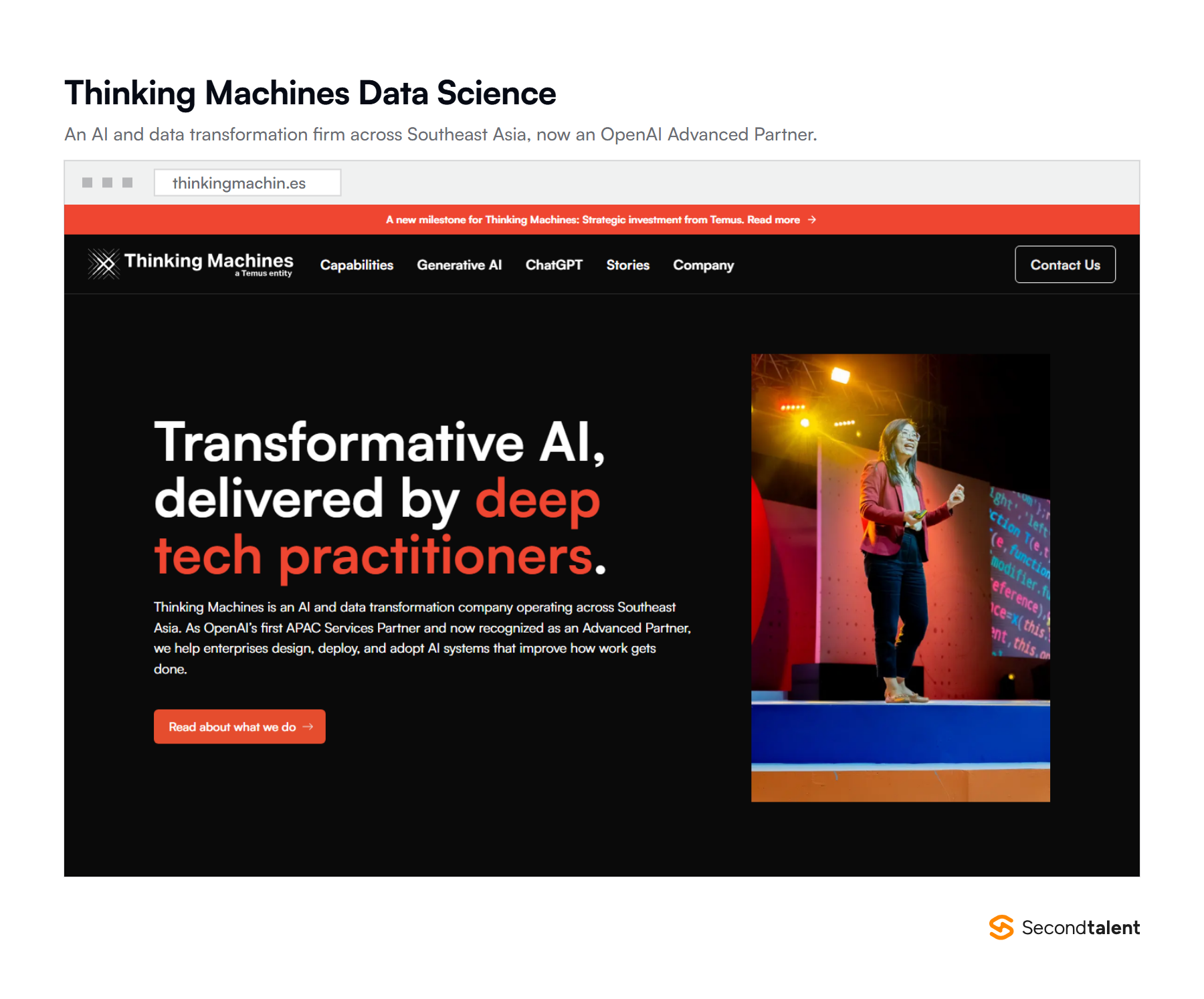 Thinking Machines Data Science homepage, headed Transformative AI delivered by deep tech practitioners, noting its OpenAI Advanced Partner status and Temus investment.